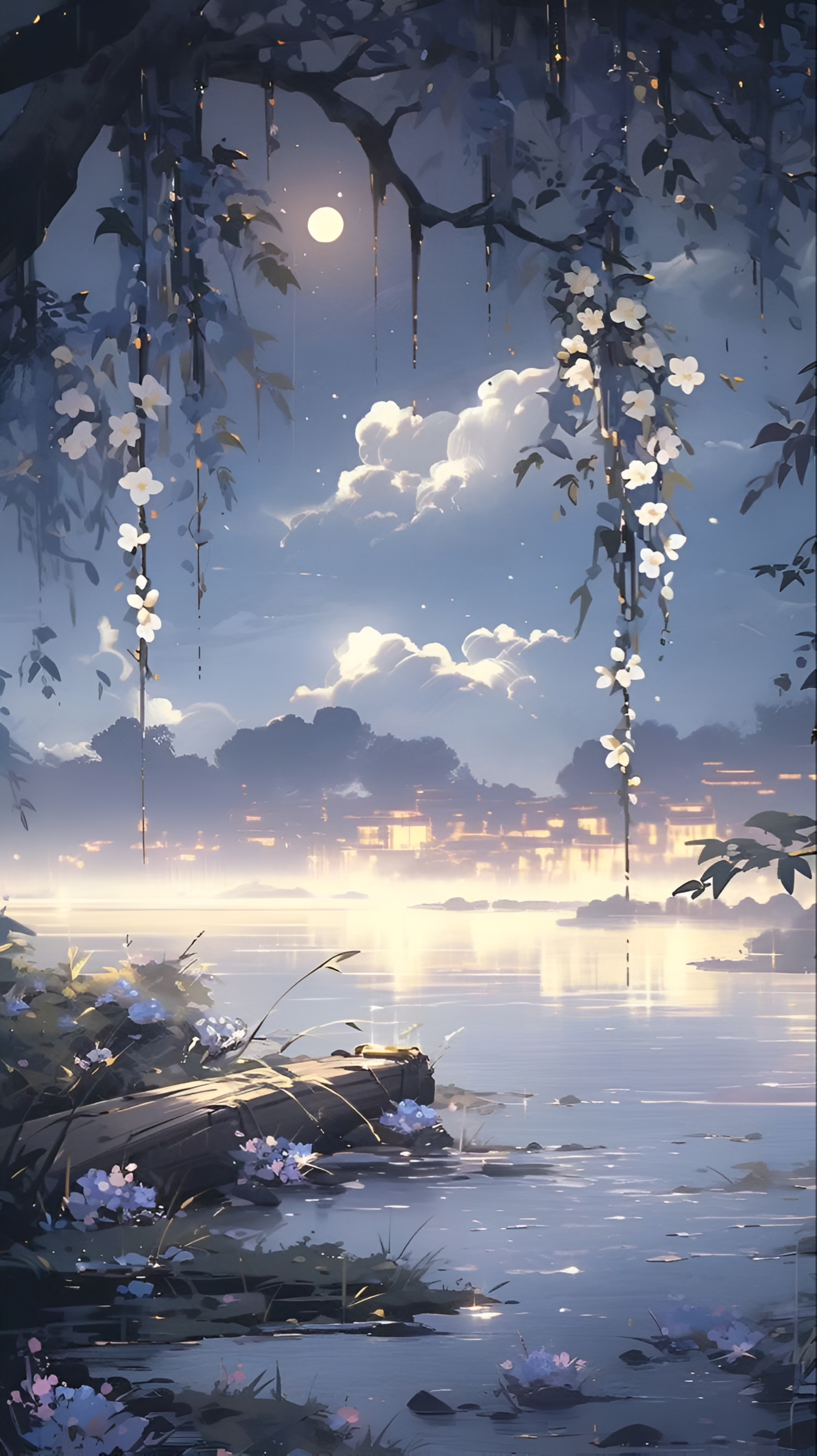 Anime Moonlit Lake Floral Night Wallpaper