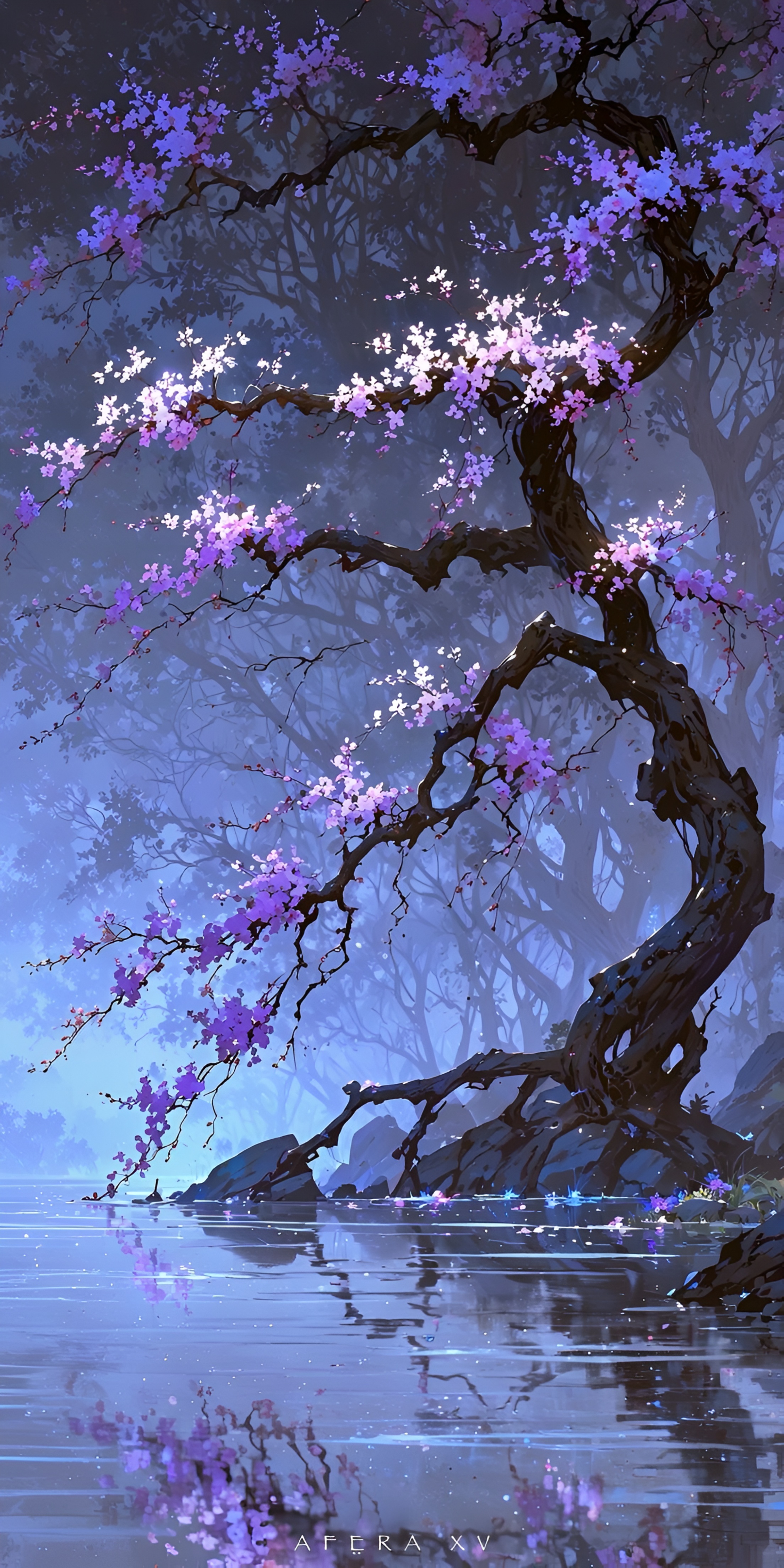 Anime Mystical Blossom Tree Wallpaper at Night