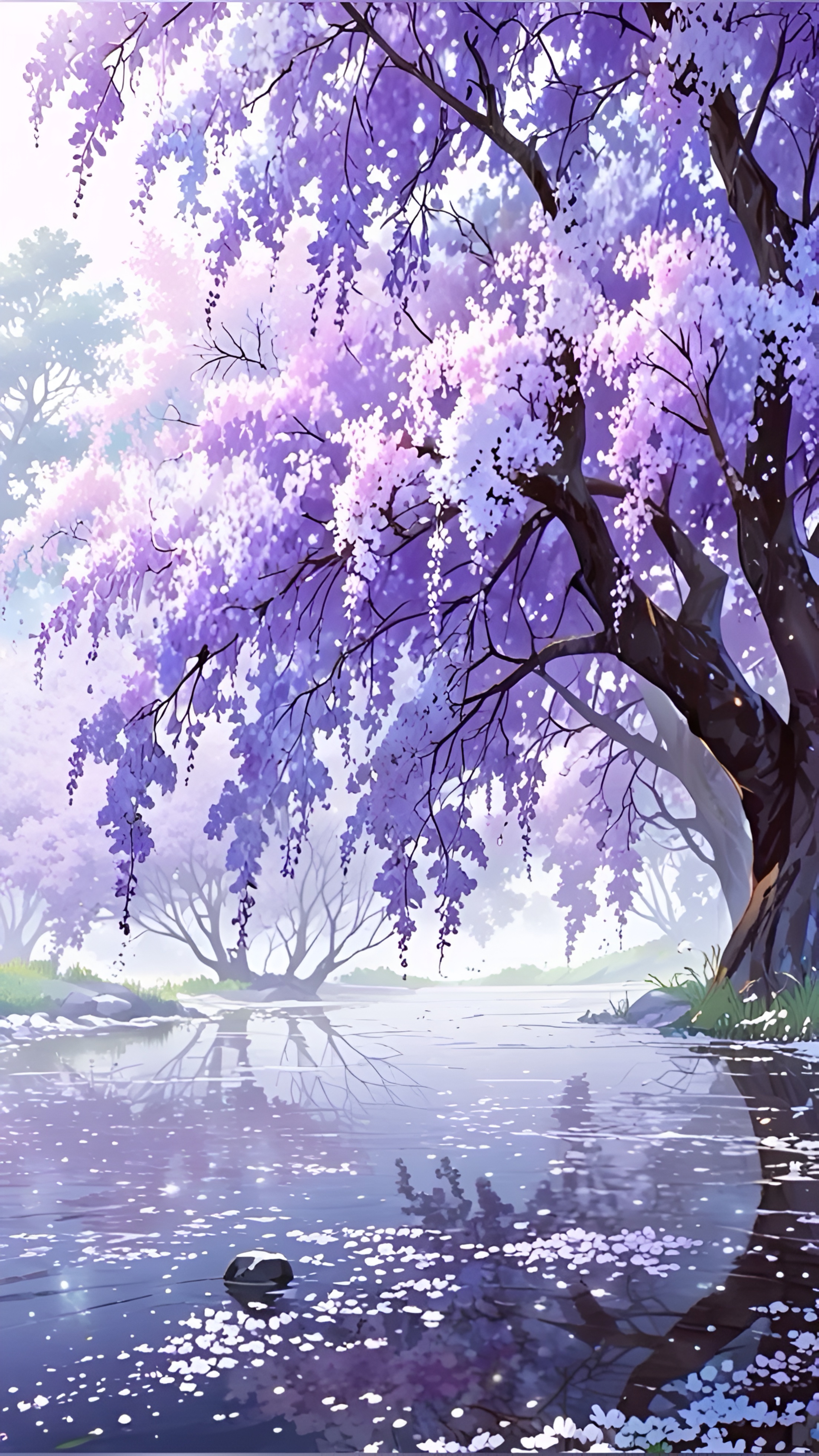 Anime Wisteria Lake Reflection 4K Wallpaper