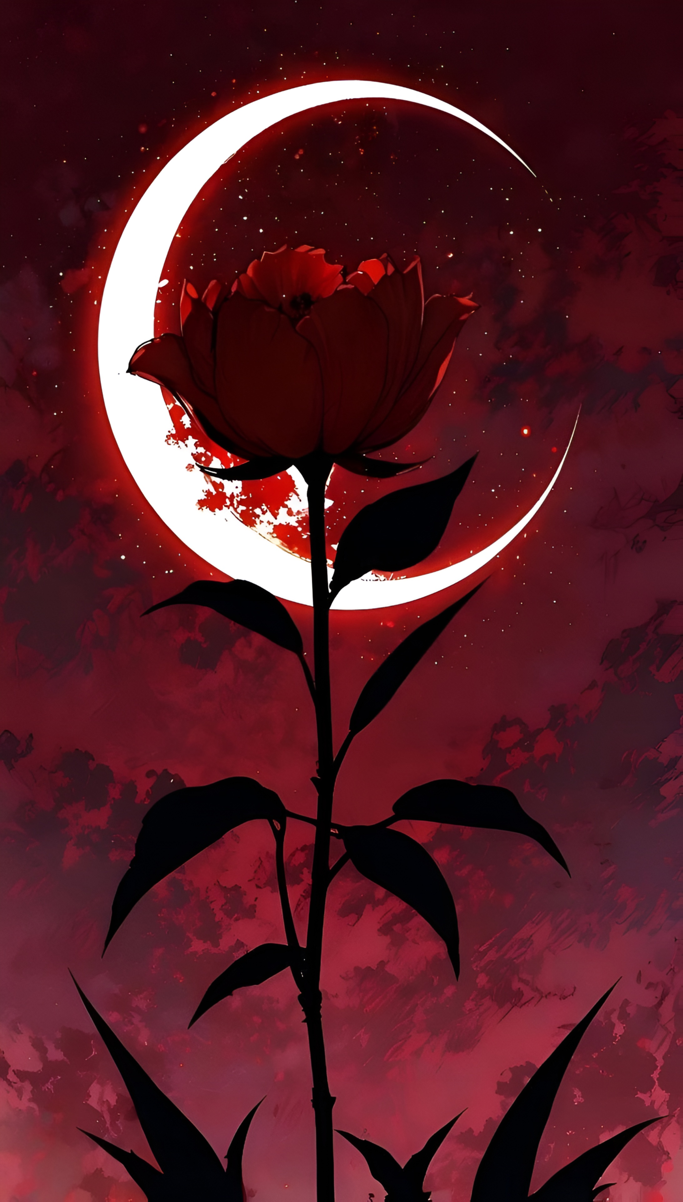 Crimson Rose & Crescent Moon Wallpaper