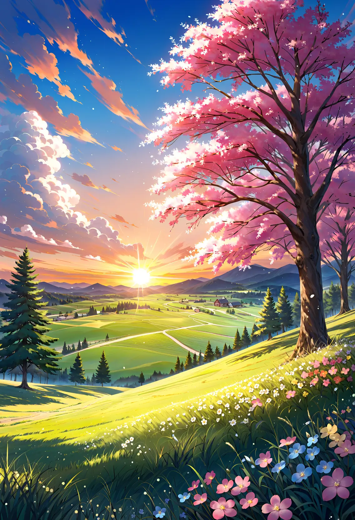 Anime Kersenbloesem Zonsondergang Landschap