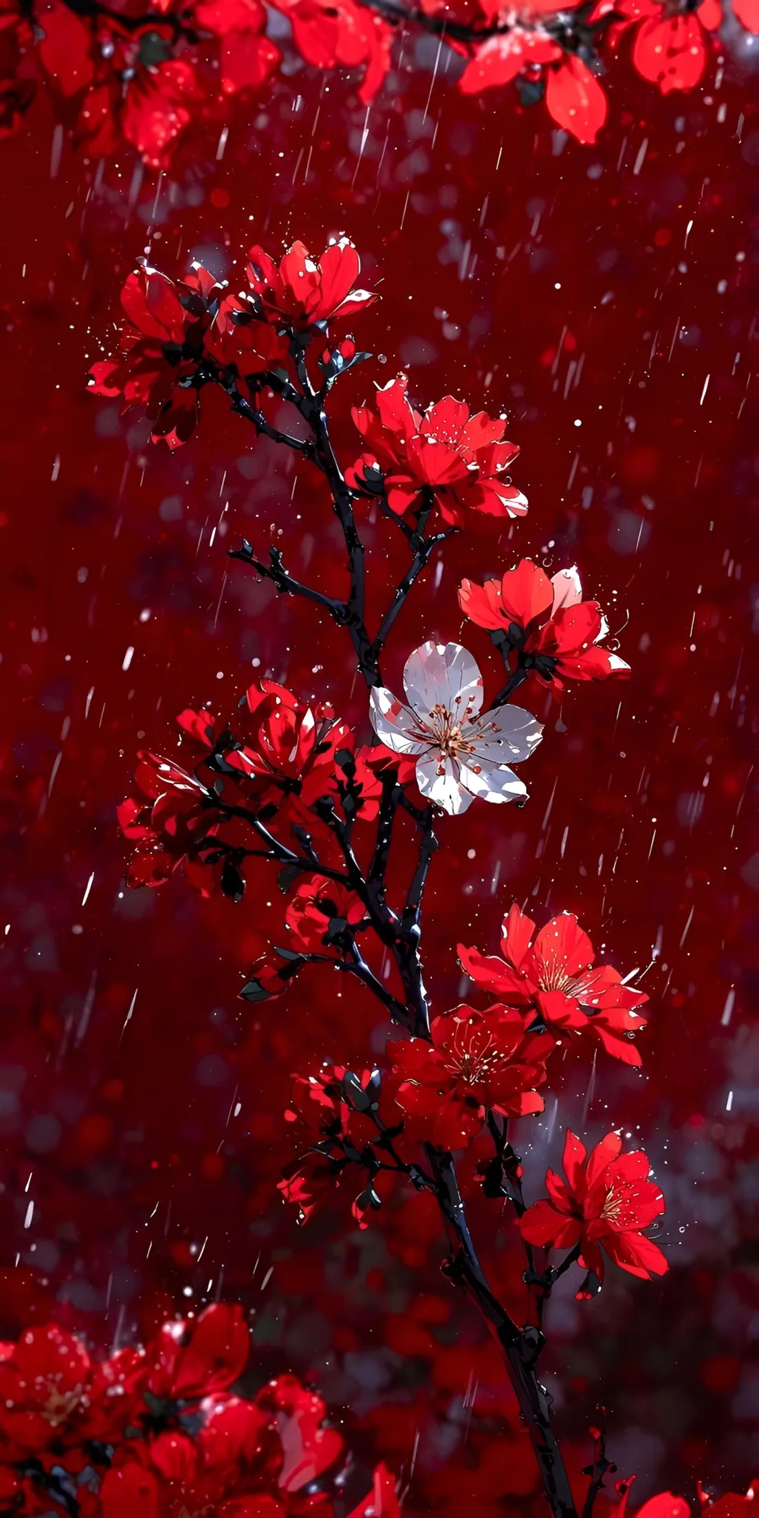 Anime Red Blossom Rain Wallpaper 4K