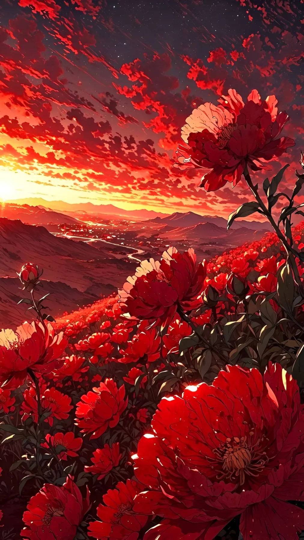 Anime Red Peony Field Sunset Wallpaper