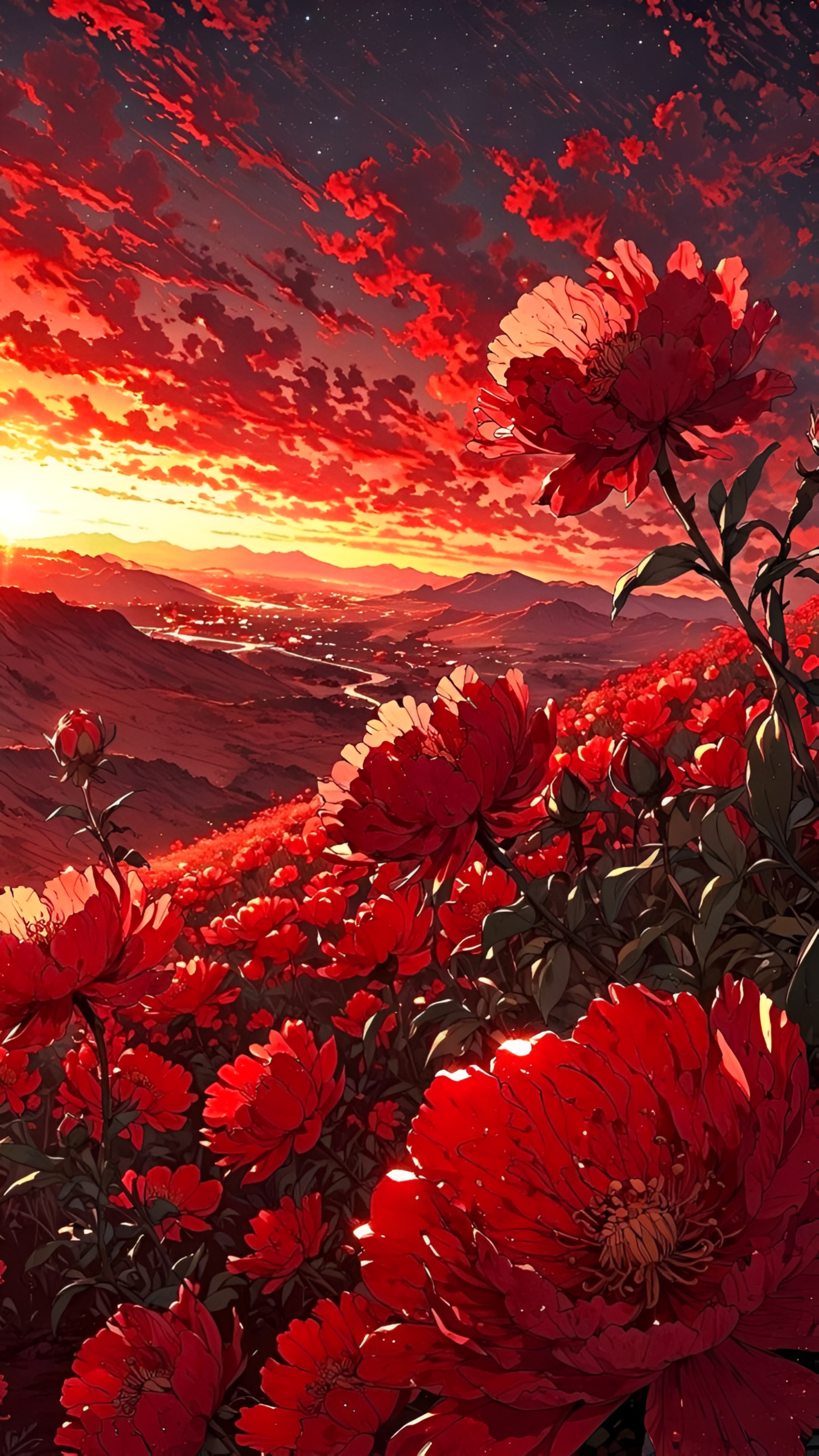 Anime Red Peony Field Sunset Wallpaper