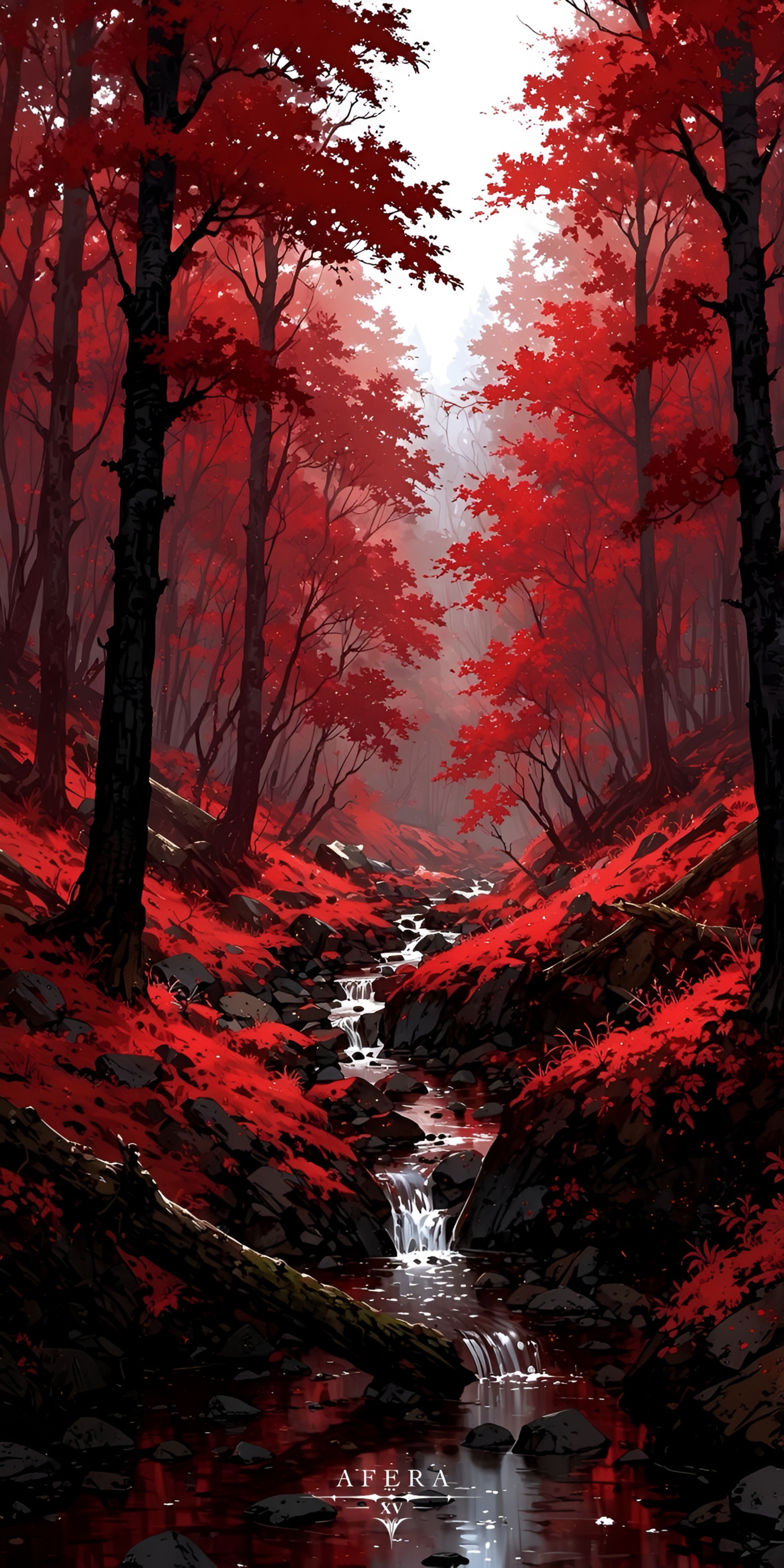 Crimson Forest Stream Anime Wallpaper
