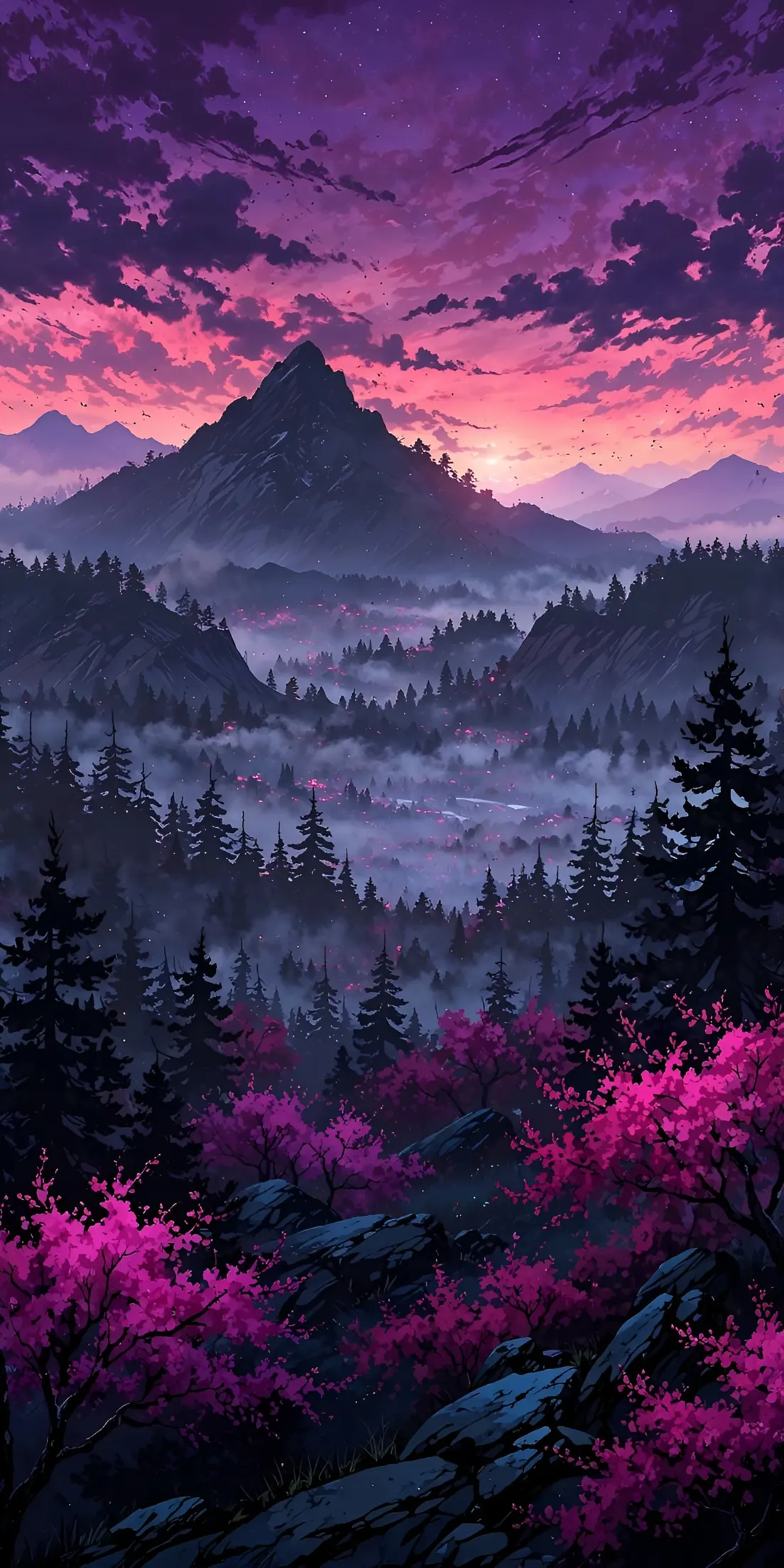 Fundal Anime Apus de Soare Violet Pădure de Munte