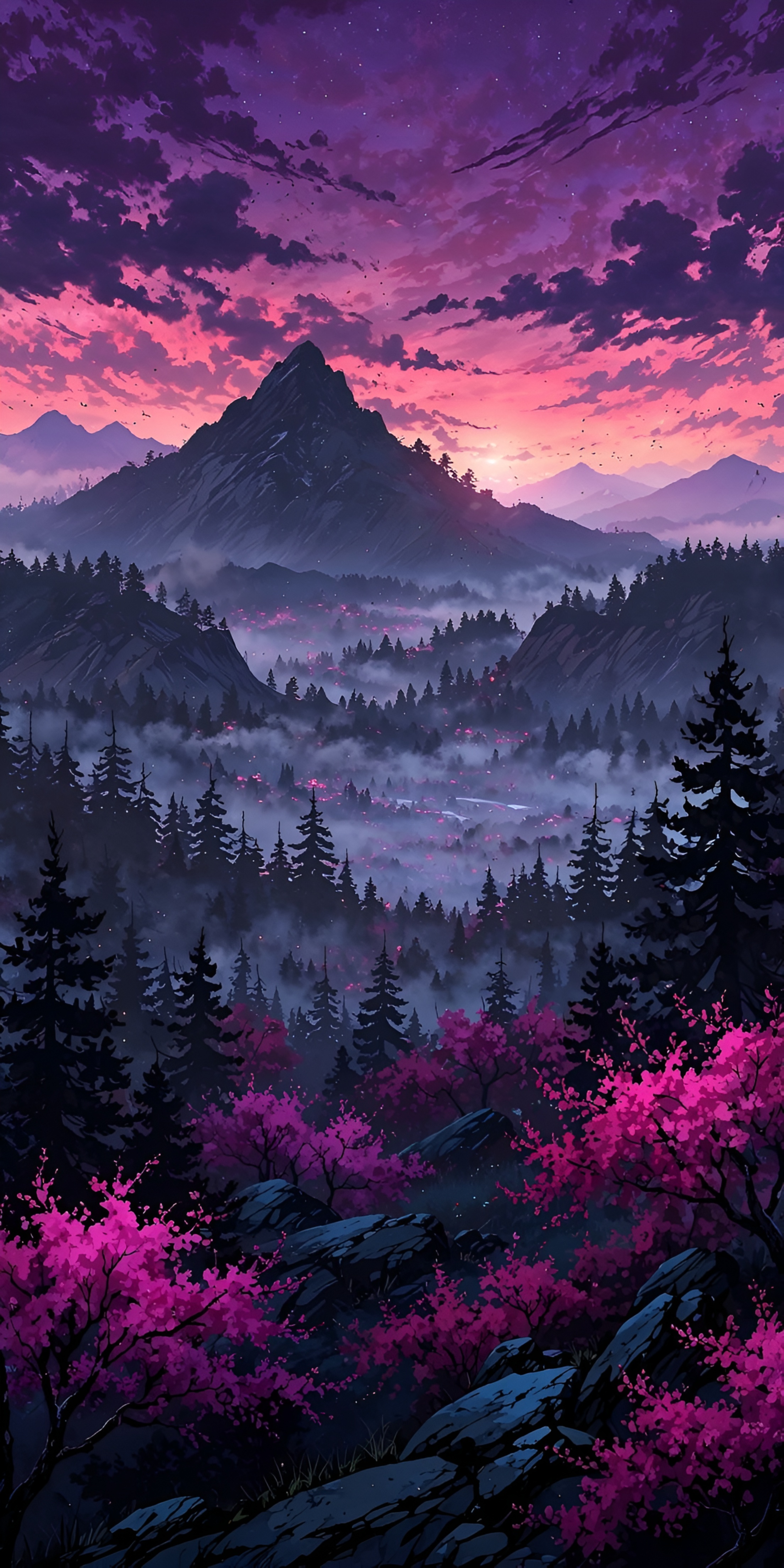 Anime Mountain Sunset Purple Forest Wallpaper