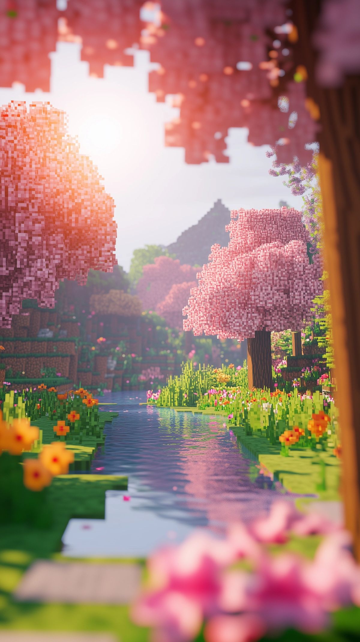 Minecraft 4K செர்ரி ப்ளாசம் வசந்த பள்ளத்தாக்கு வால்பேப்பர்