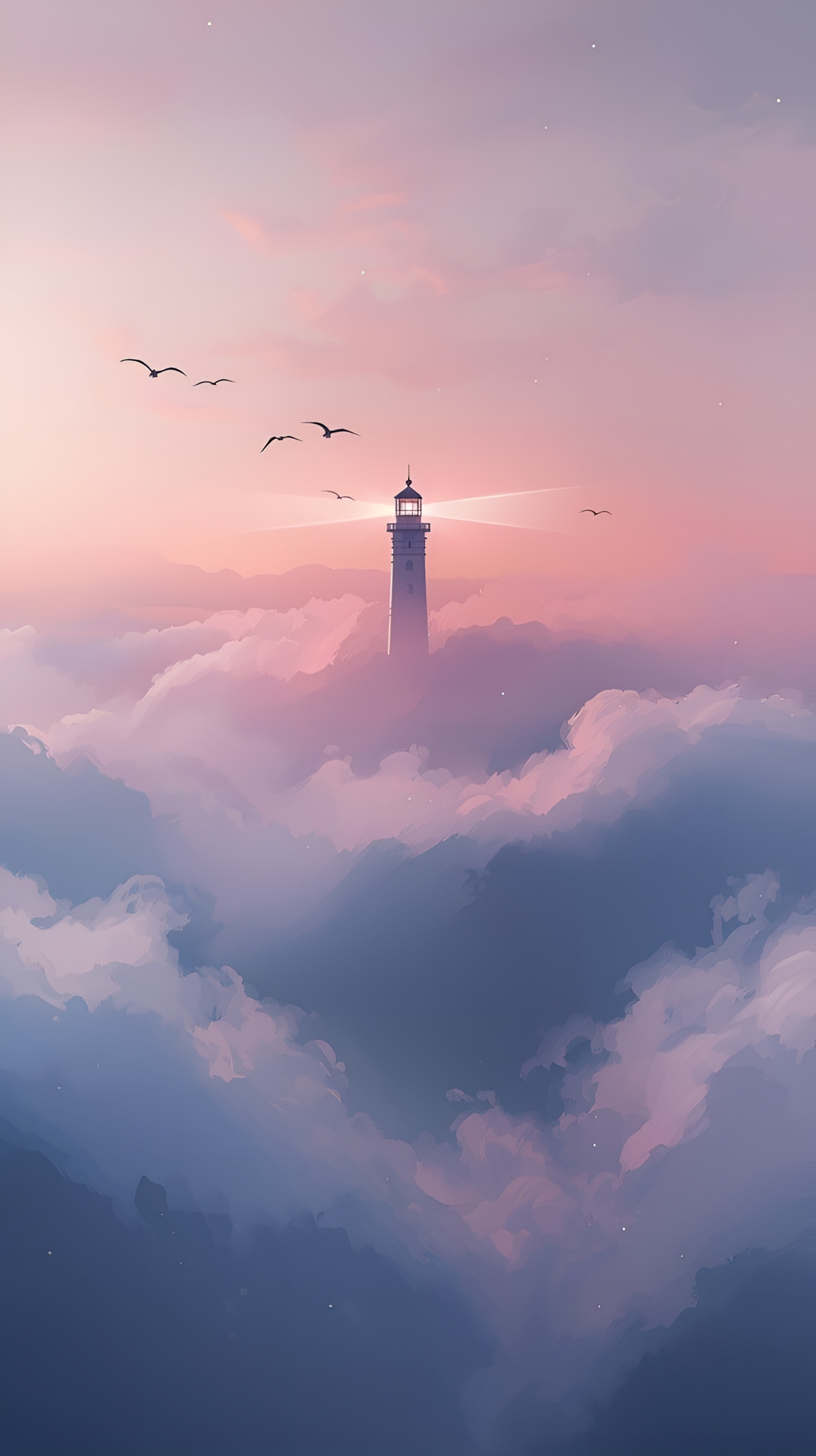 Celestial Lighthouse Wallpaper – Dreamy Clouds at Sunset