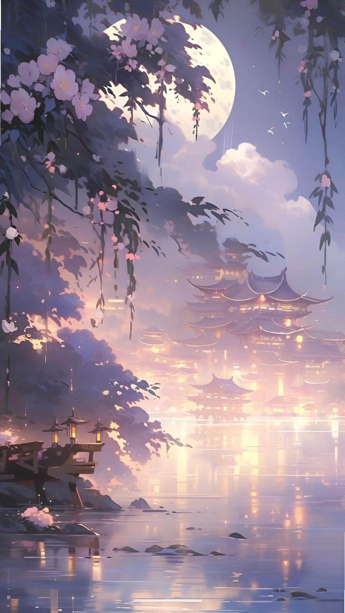 Tapet Anime cu Pagodă, Lună și Flori de Cireș