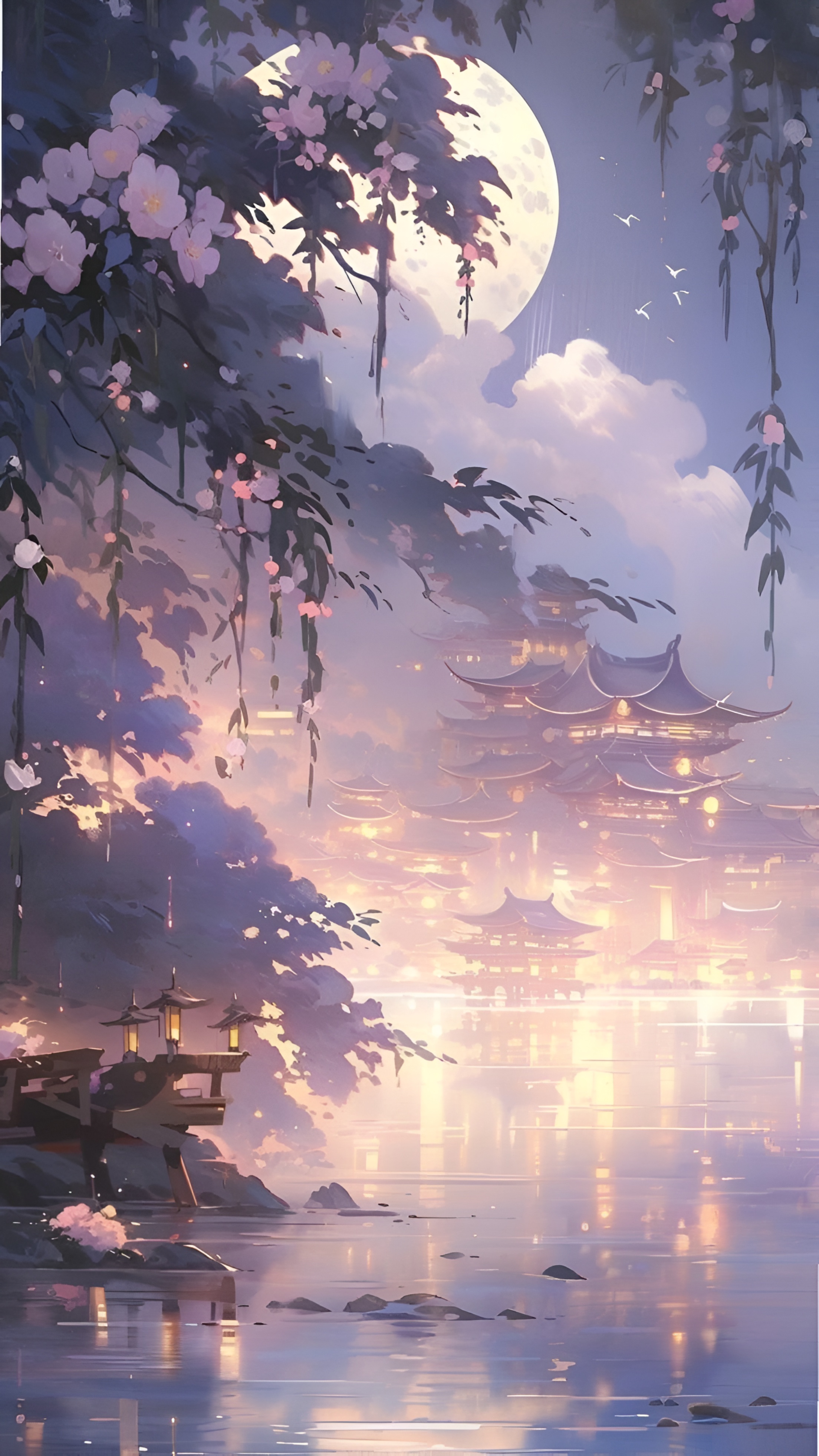 Anime Moonlit Pagoda Blossom Wallpaper