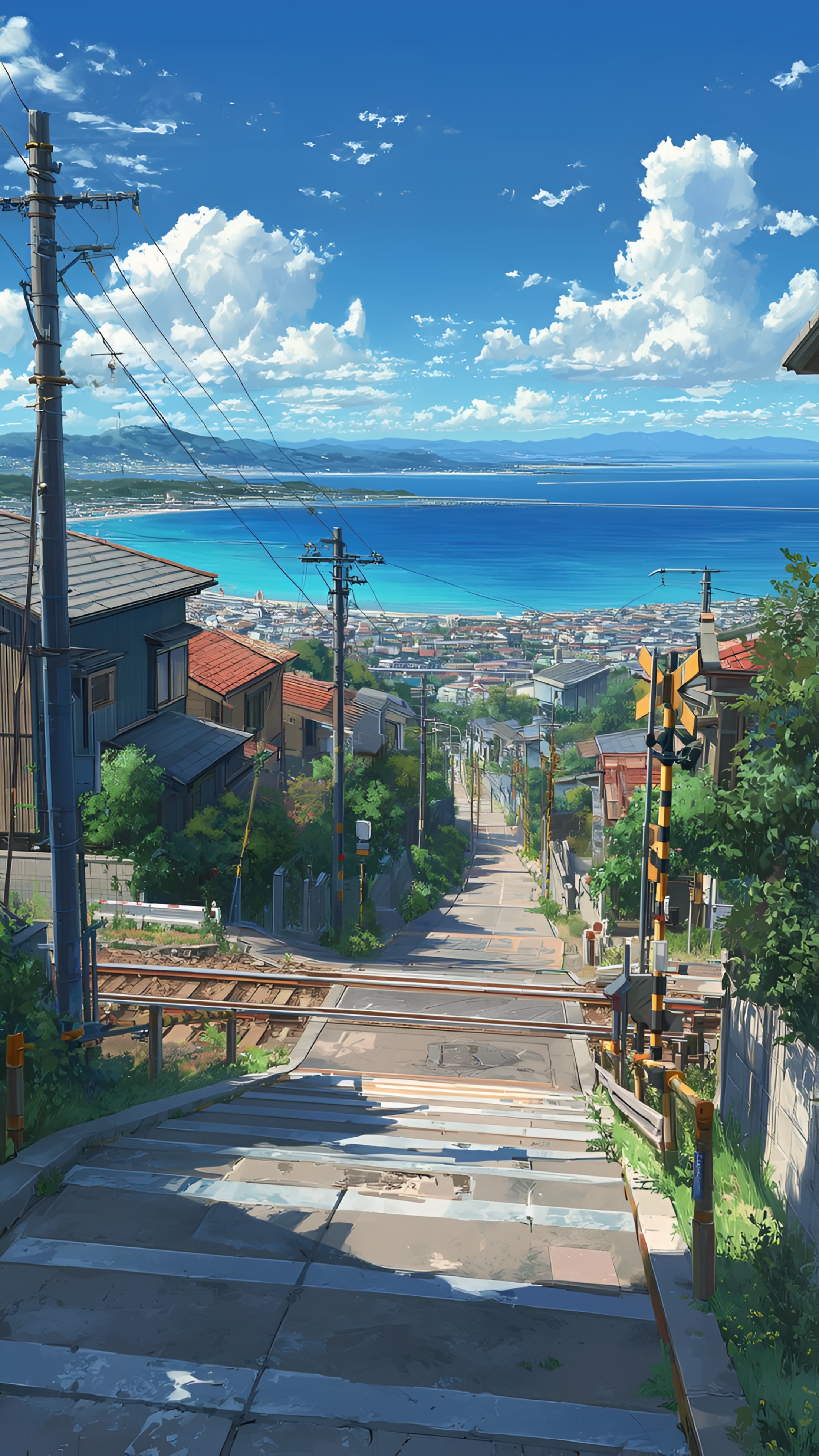 Anime Coastal Town Hillside Railway Crossing Wallpaper