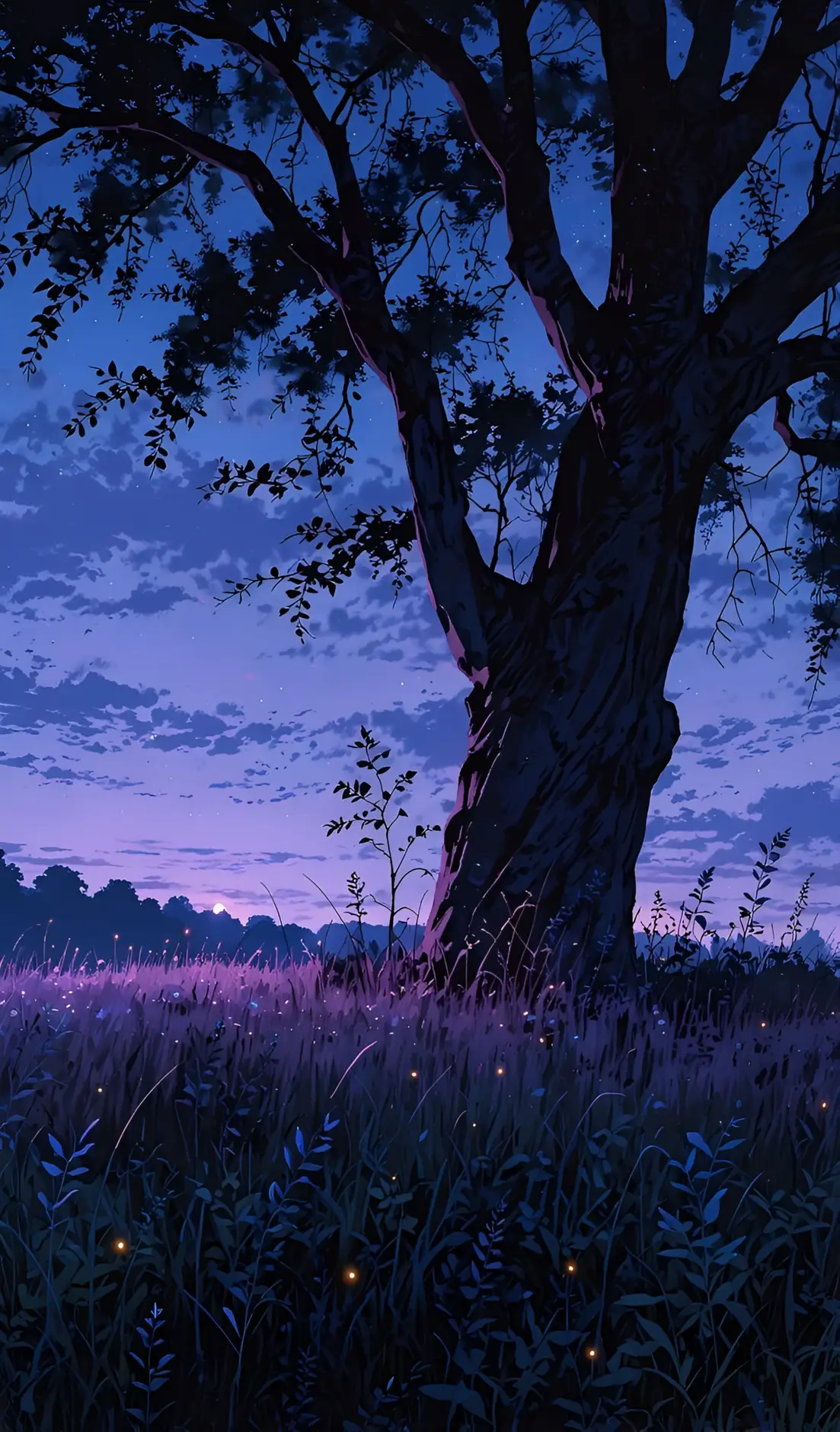 Wallpaper Anime Malam Padang Rumput Pohon Senja