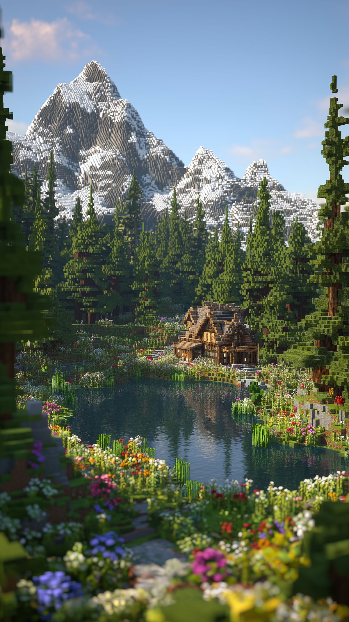 Minecraft 4K خلفية - قرية بحيرة جبلية ألبية