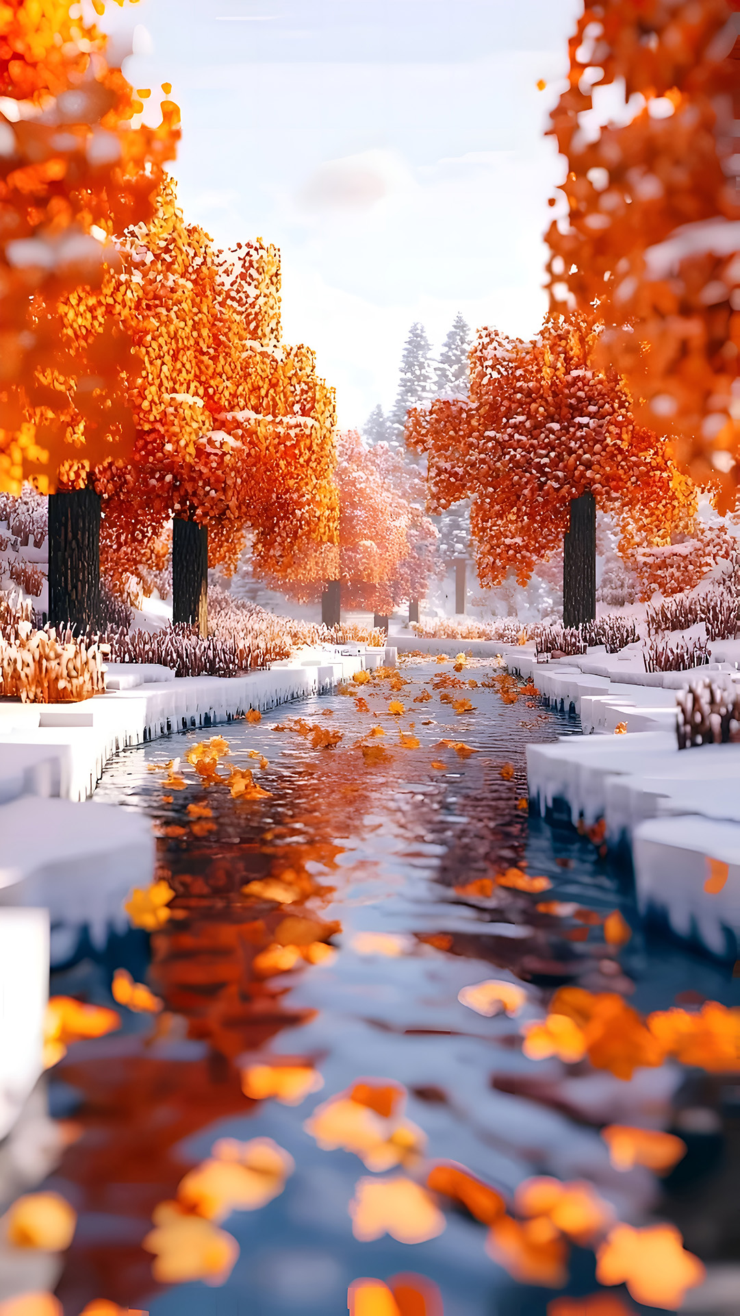 Minecraft 4K Wallpaper - Autumn River Snow Scene