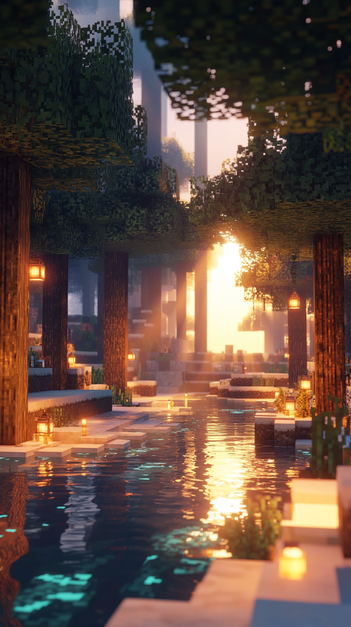 Minecraft 4K Wallpaper - Hanyar Ruwa na Ƙauye a Faɗuwar Rana