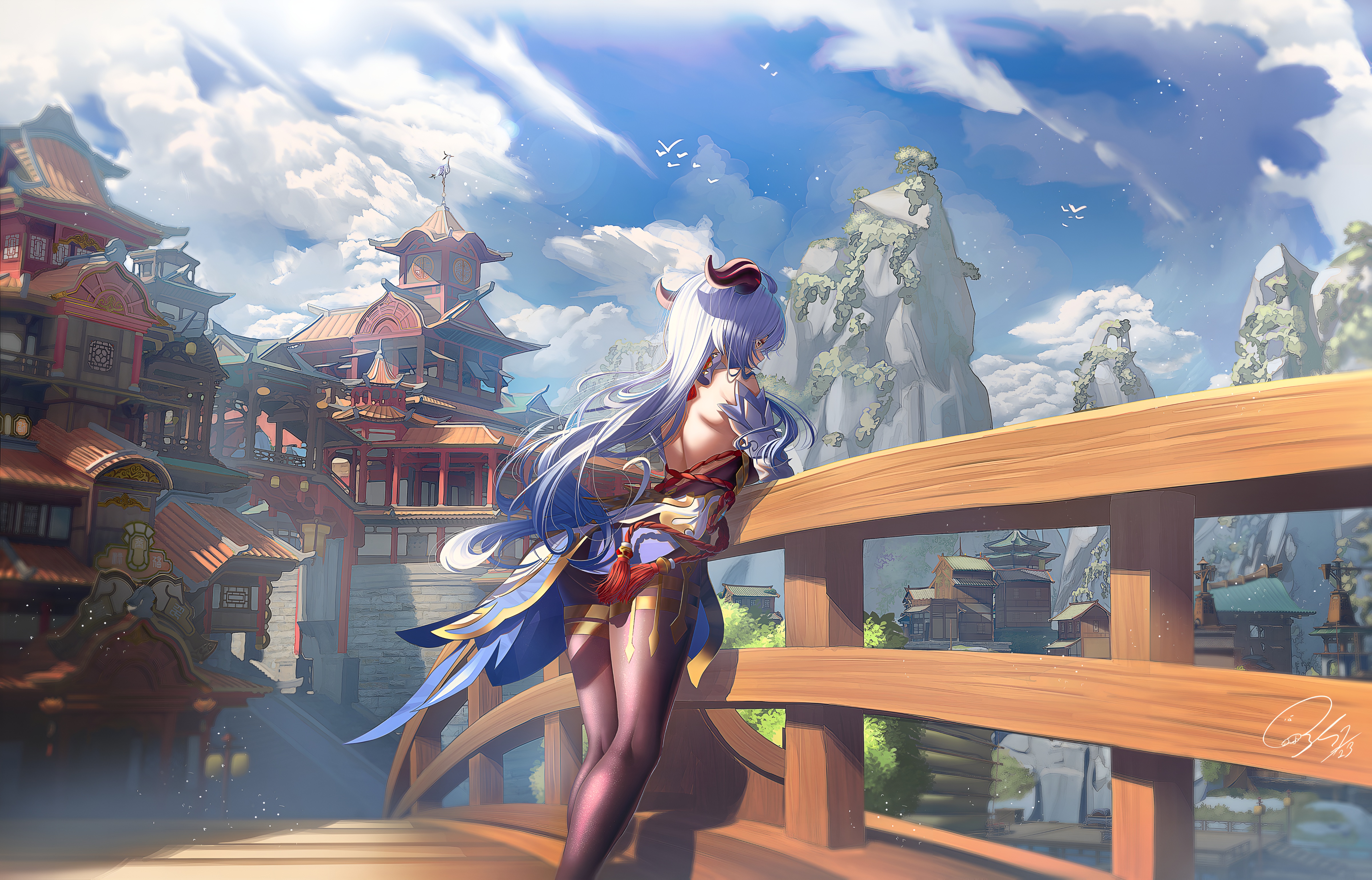 Ganyu Genshin Impact 4K Wallpaper Bridge View