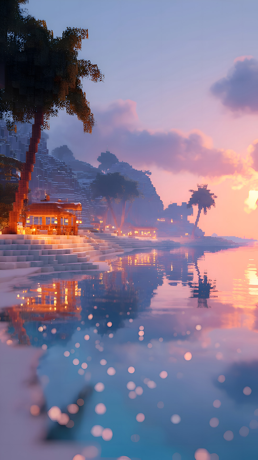 Minecraft Plaża 4K Tapeta - Raj o Zachodzie Słońca