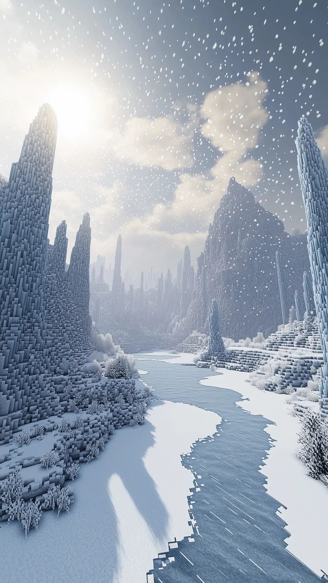 Minecraft 4K Wallpaper - Snowy Canyon River Valley