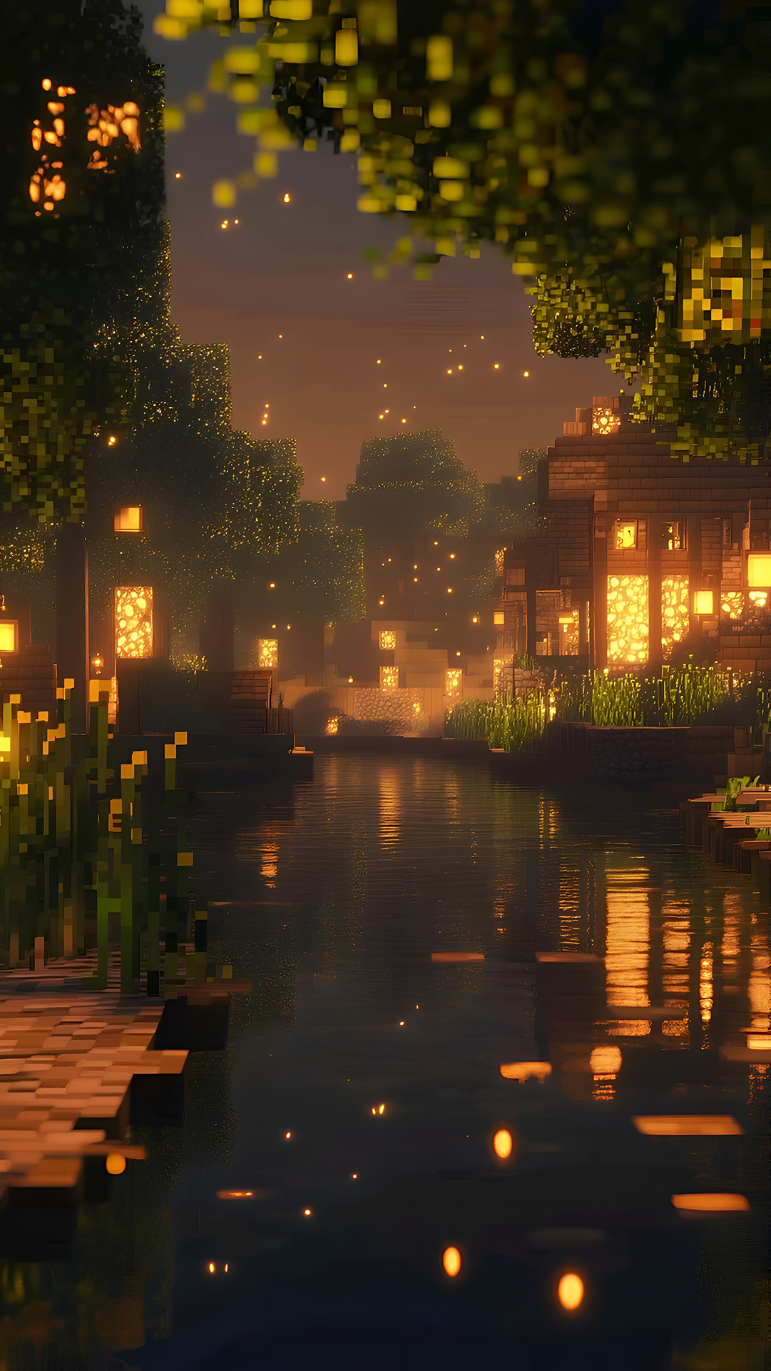 Minecraft 4K Wallpaper - Kanal Desa Mempesona Saat Matahari Terbenam