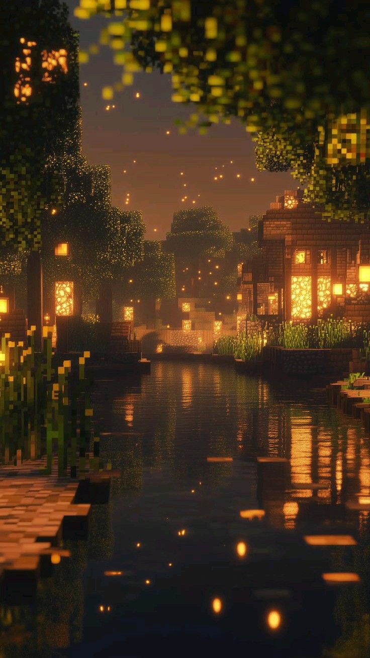 Minecraft 4K ওয়ালপেপার - মুগ্ধকর গ্রাম সূর্যাস্তের খাল