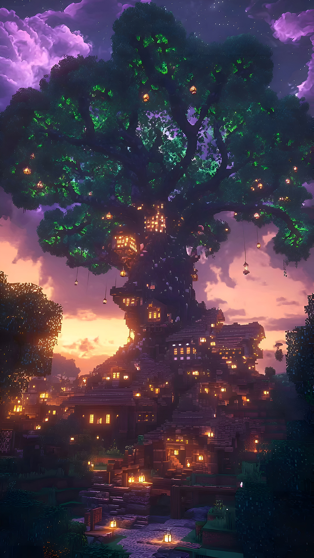 Minecraft 4K Wallpaper - Magische Baumstadt Sonnenuntergang