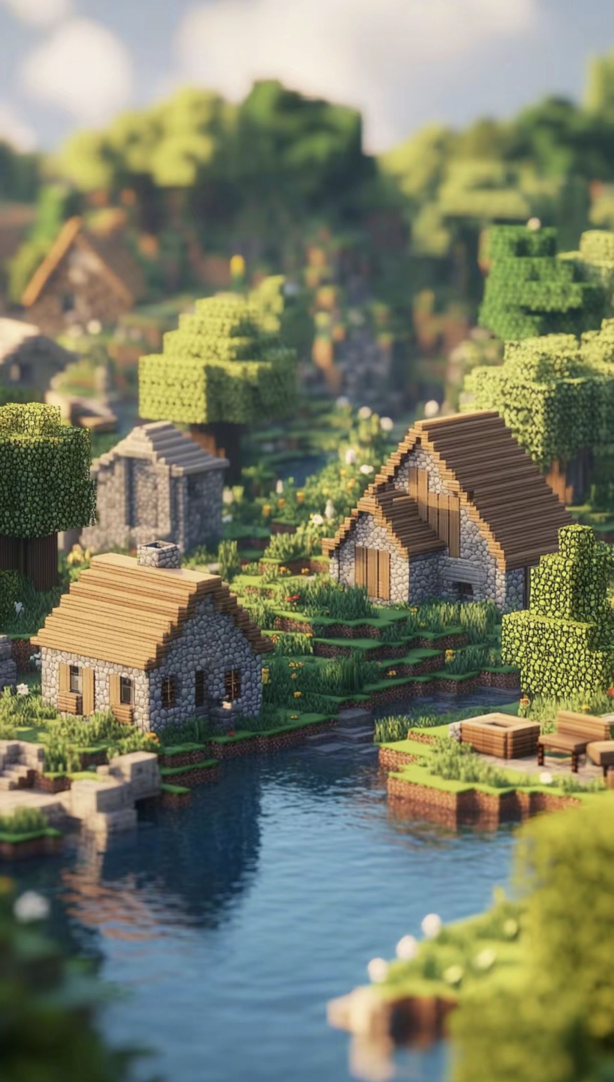 Minecraft 4K Wallpaper - Dorf Fluss Szene