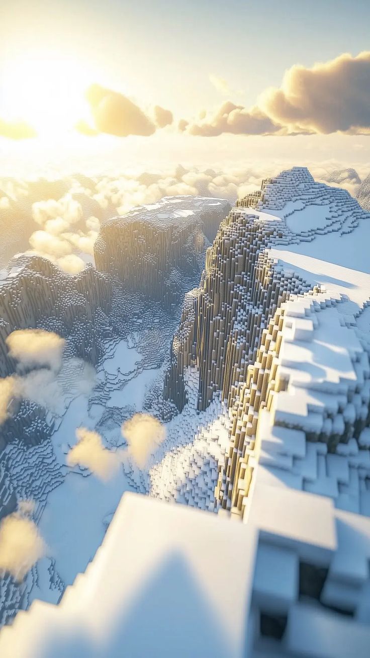 Minecraft Wallpaper ya 4K - Vilele vya Mlima vya Theluji Juu ya Mawingu