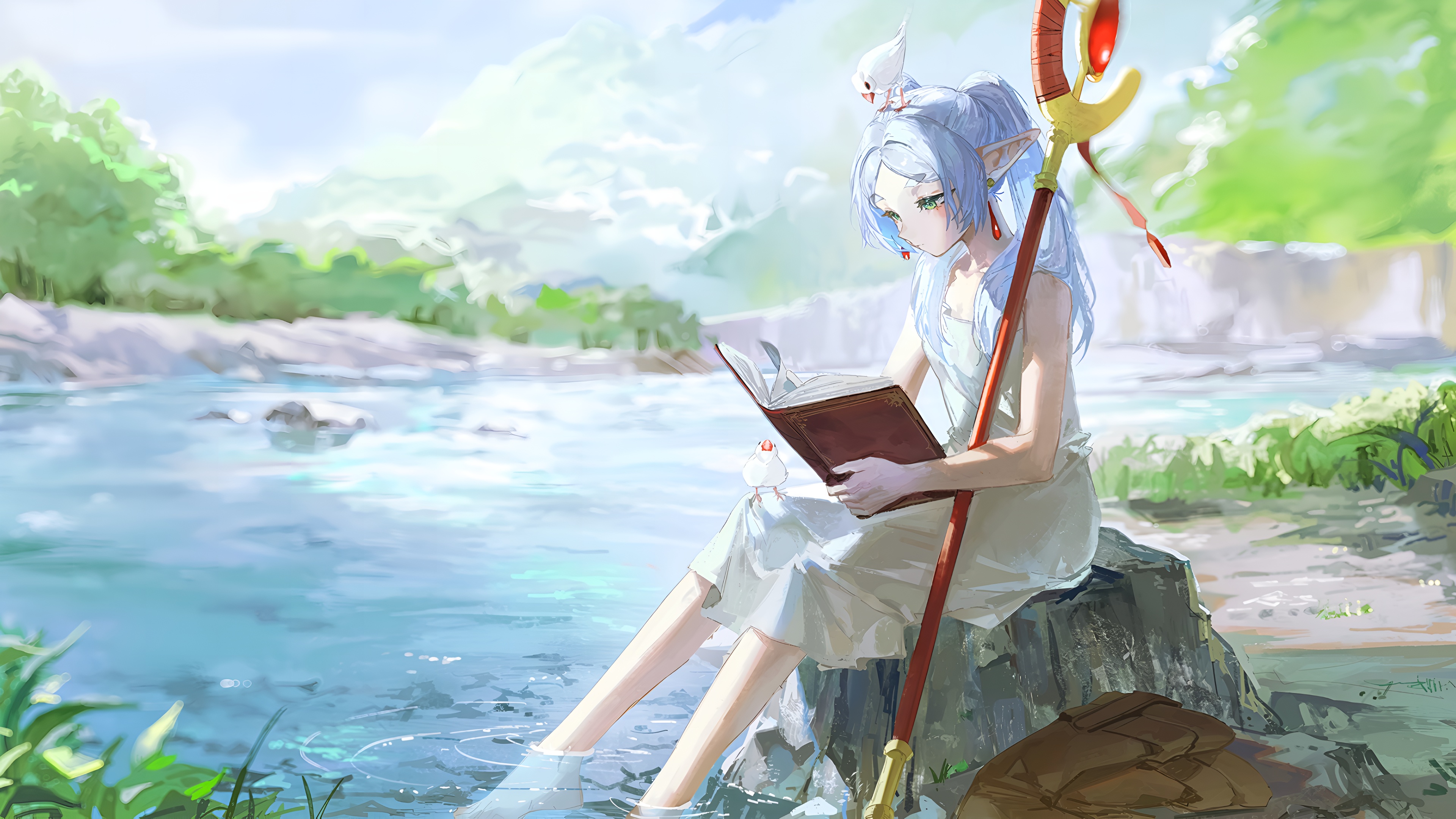 Frieren Reading by the River Anime Wallpaper