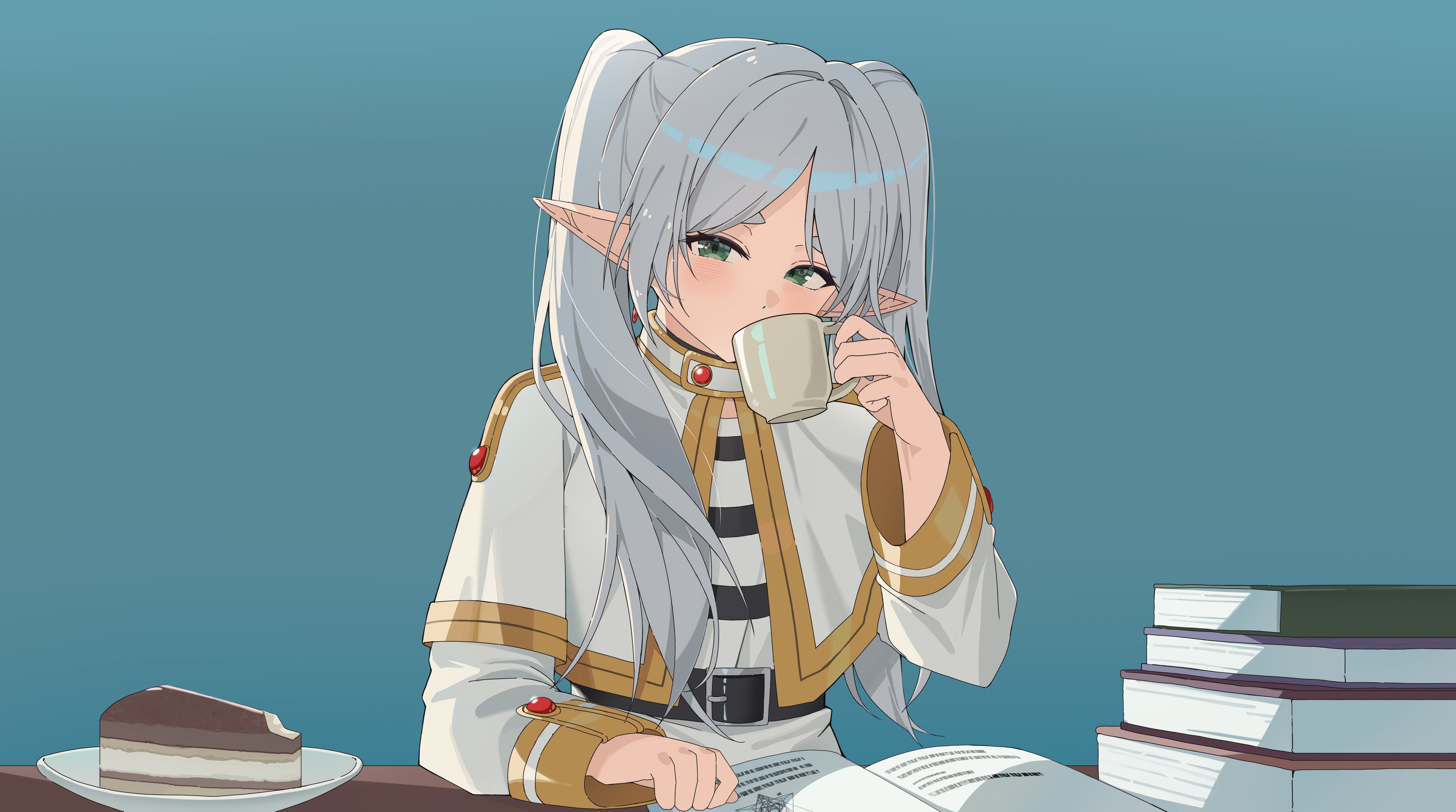 Frieren Elf Mage Reading & Tea Wallpaper