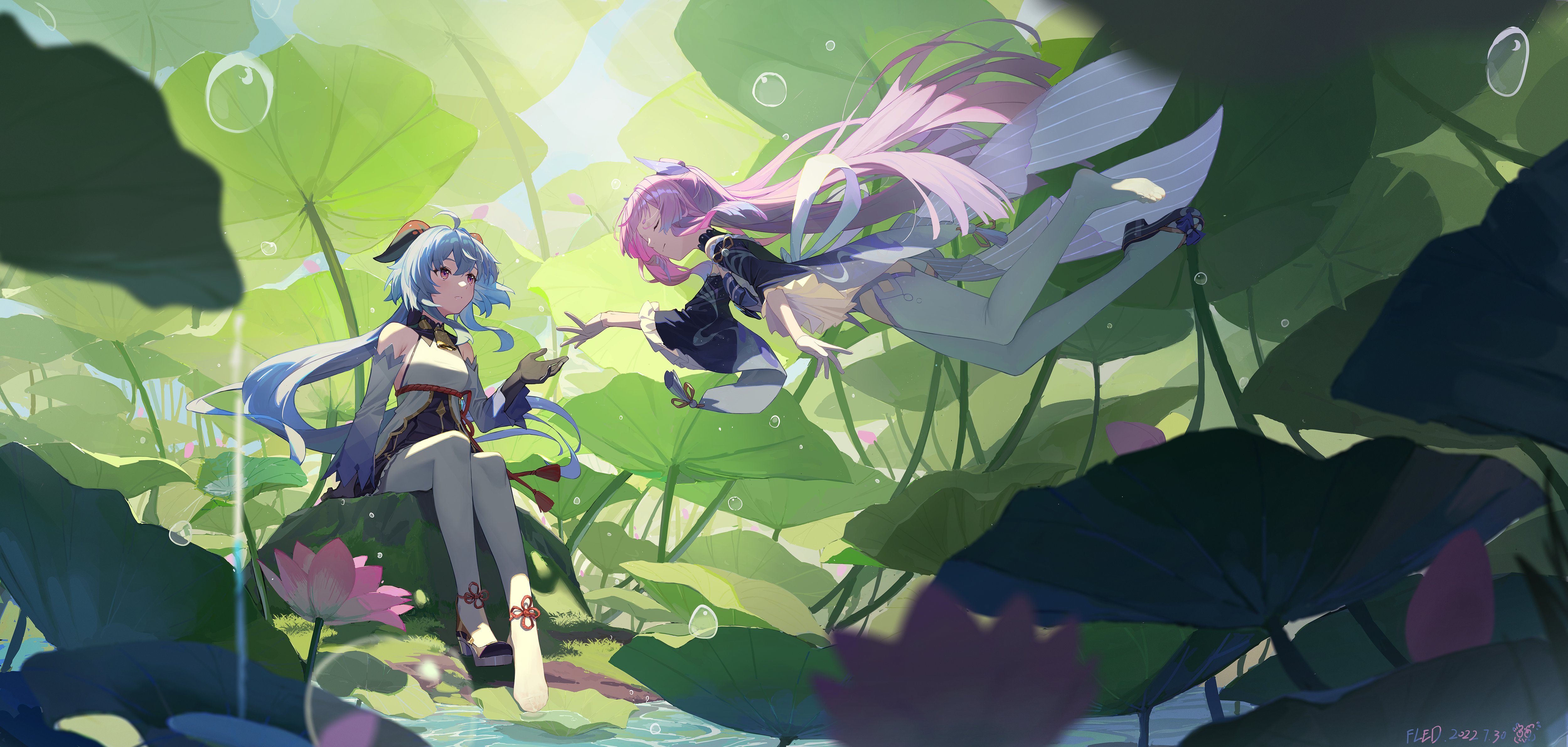Ganyu & Kokomi Lotus Pond Wallpaper – Genshin Impact