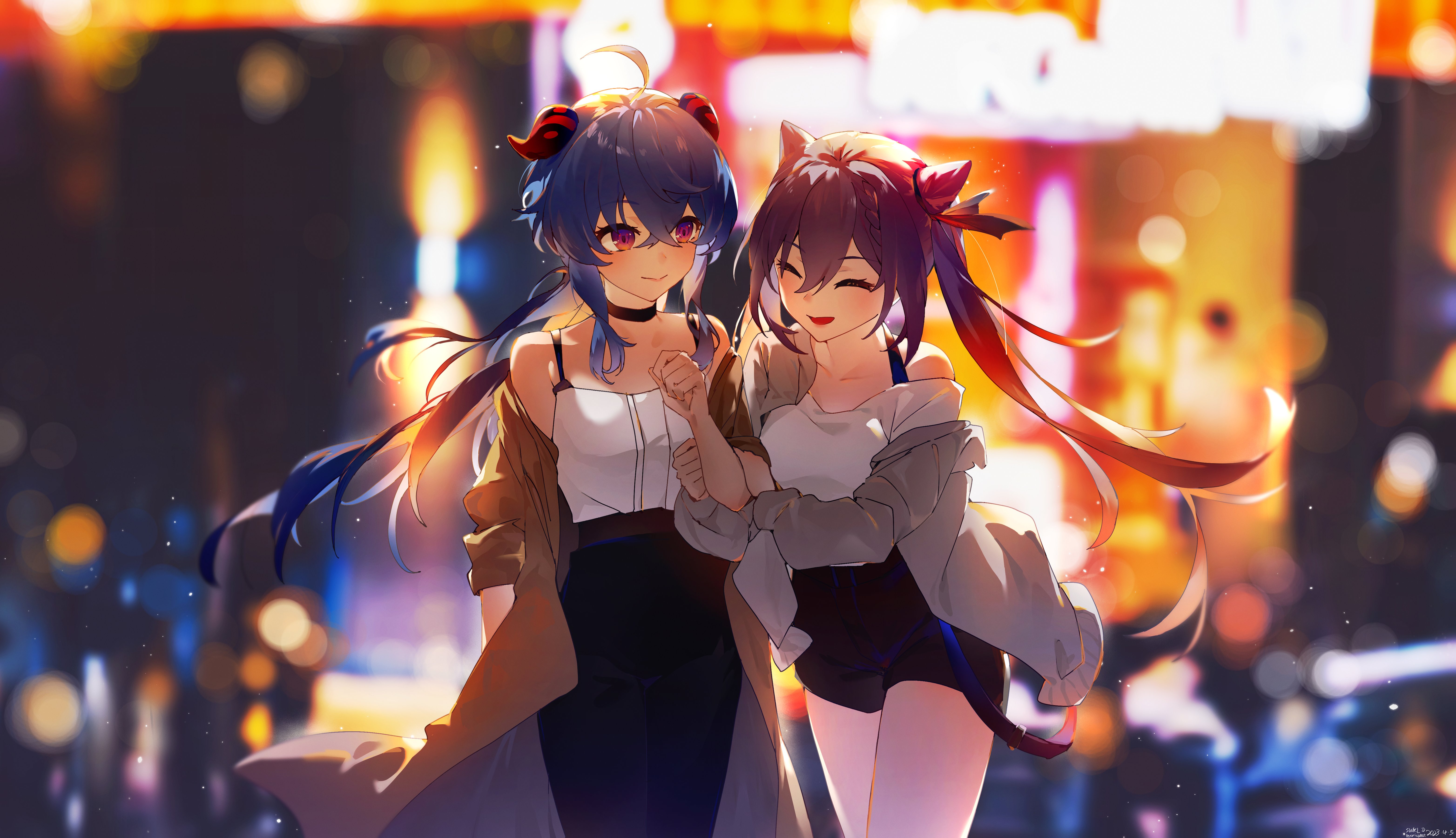 Ganyu & Keqing Night City Wallpaper