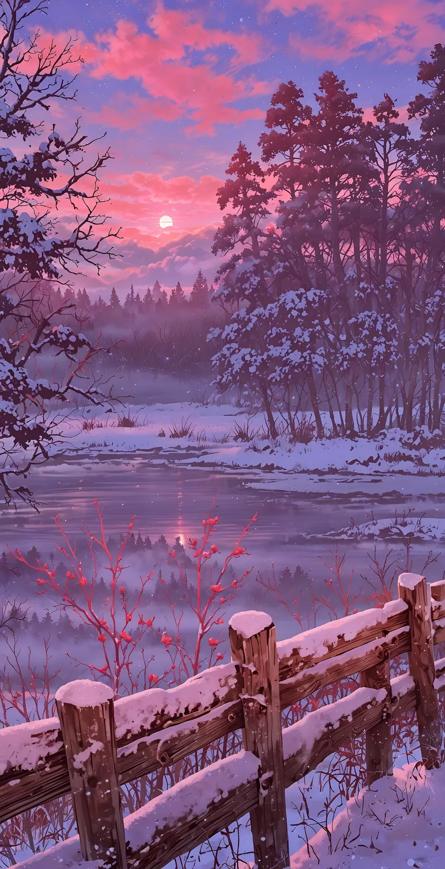 Tramonto invernale sul lago della foresta innevata