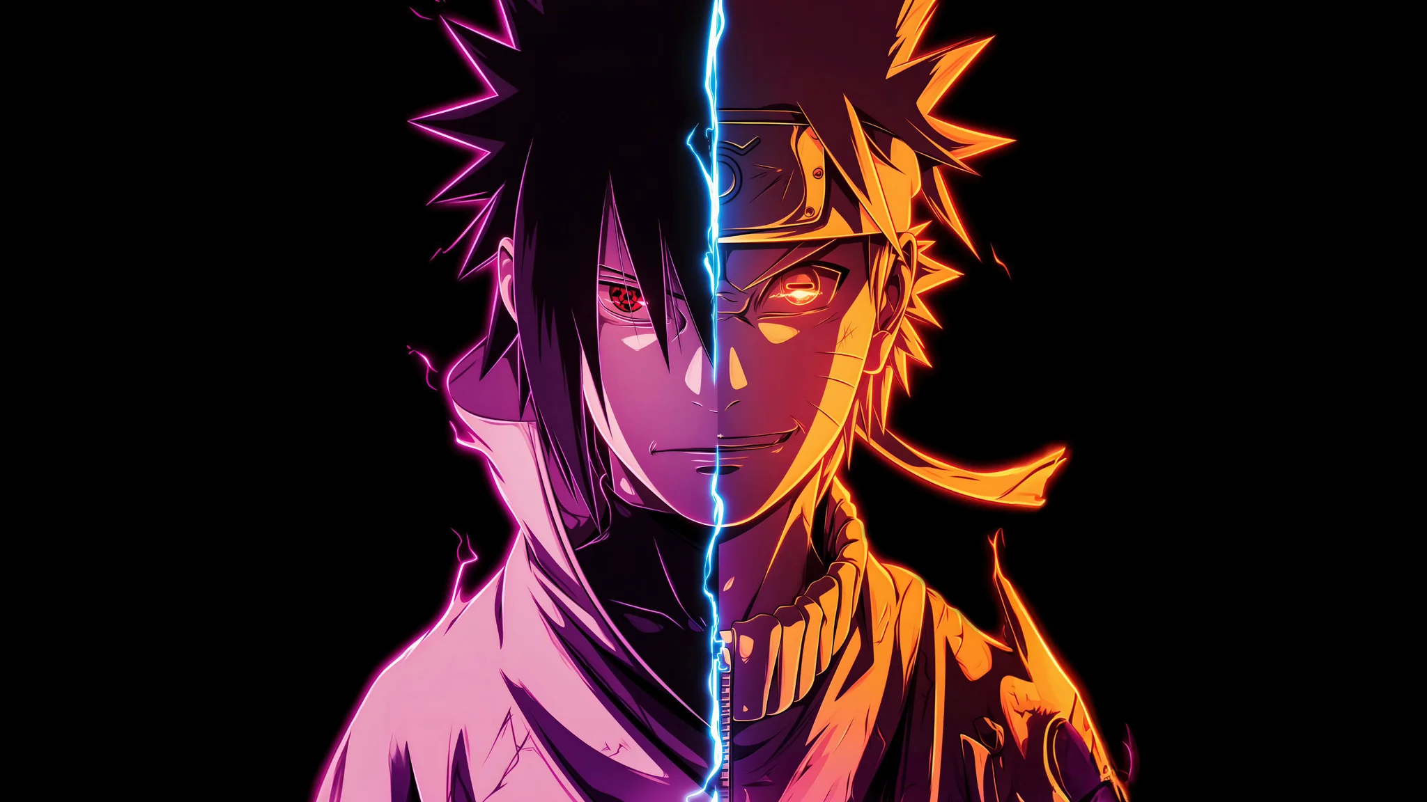 Naruto and Sasuke Neon Split 4K Wallpaper