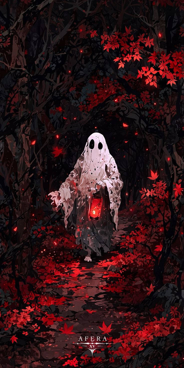 Halloween Ghost Forest Lantern 4K Wallpaper