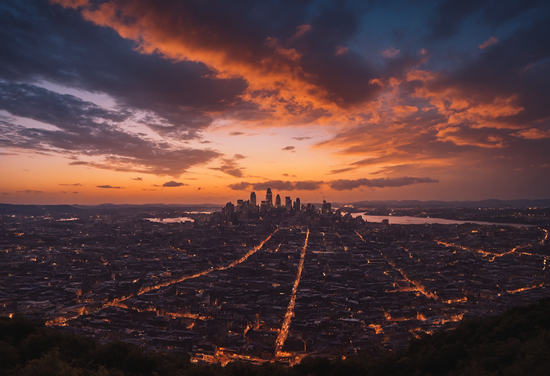 Sbalorditivo paesaggio urbano 4K al tramonto