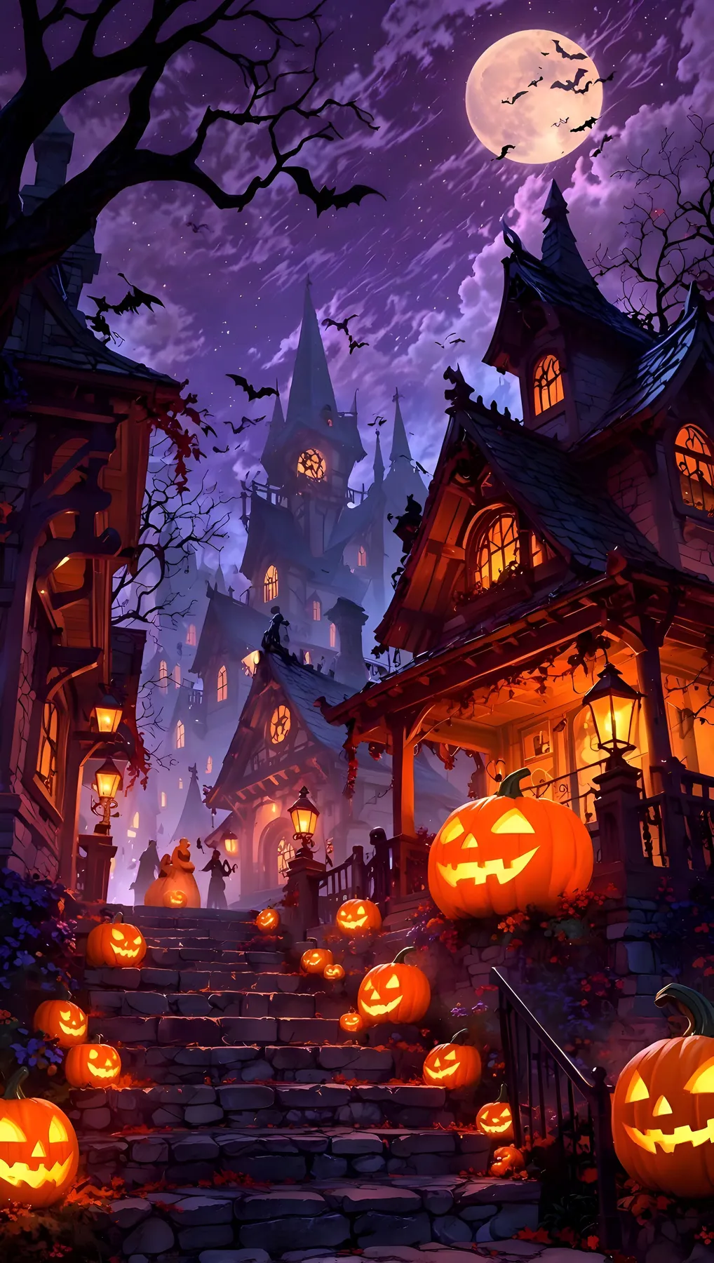 Spooky Halloween Village 4K Wallpaper