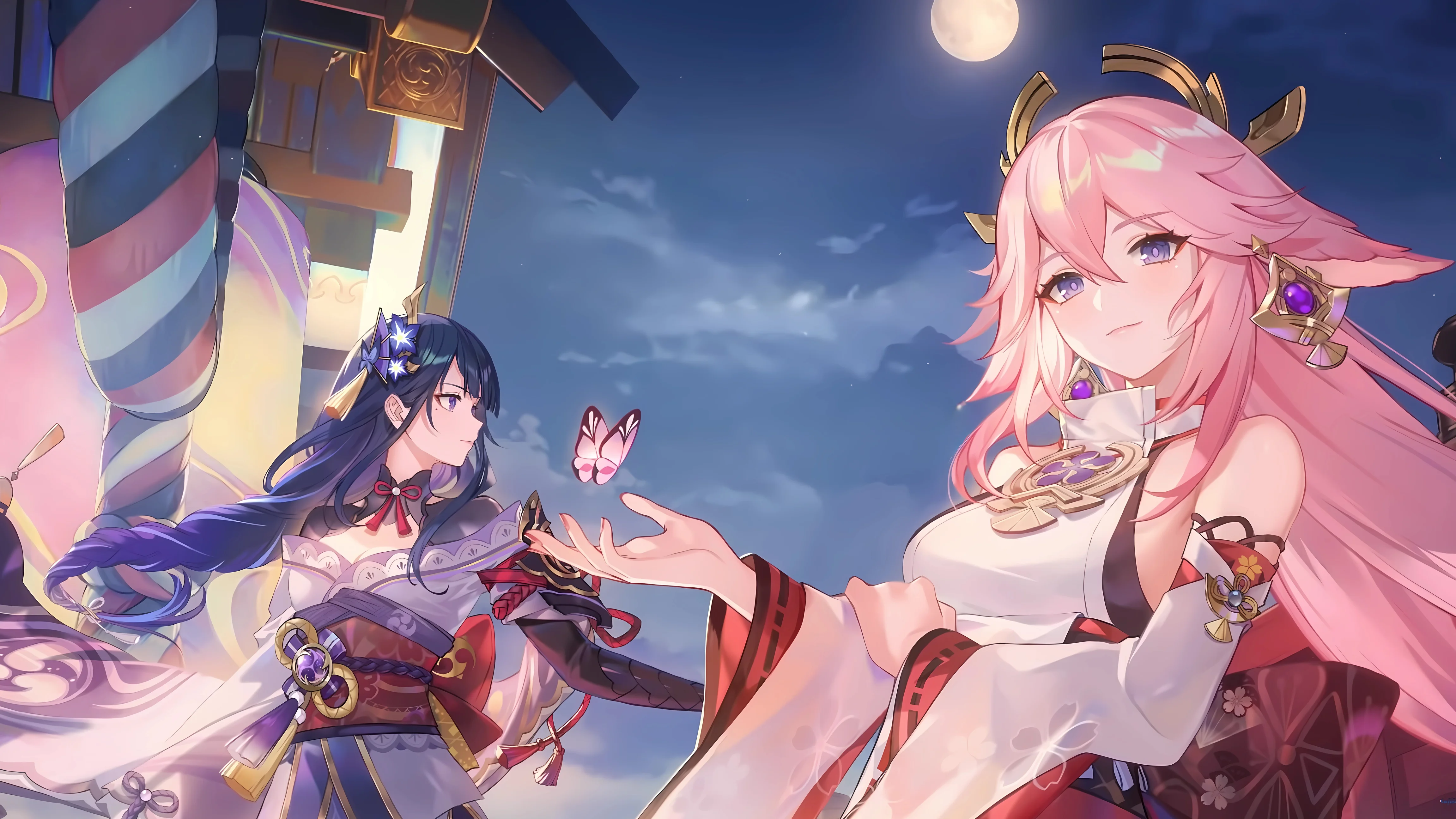 Raiden Shogun & Yae Miko Moonlit Wallpaper