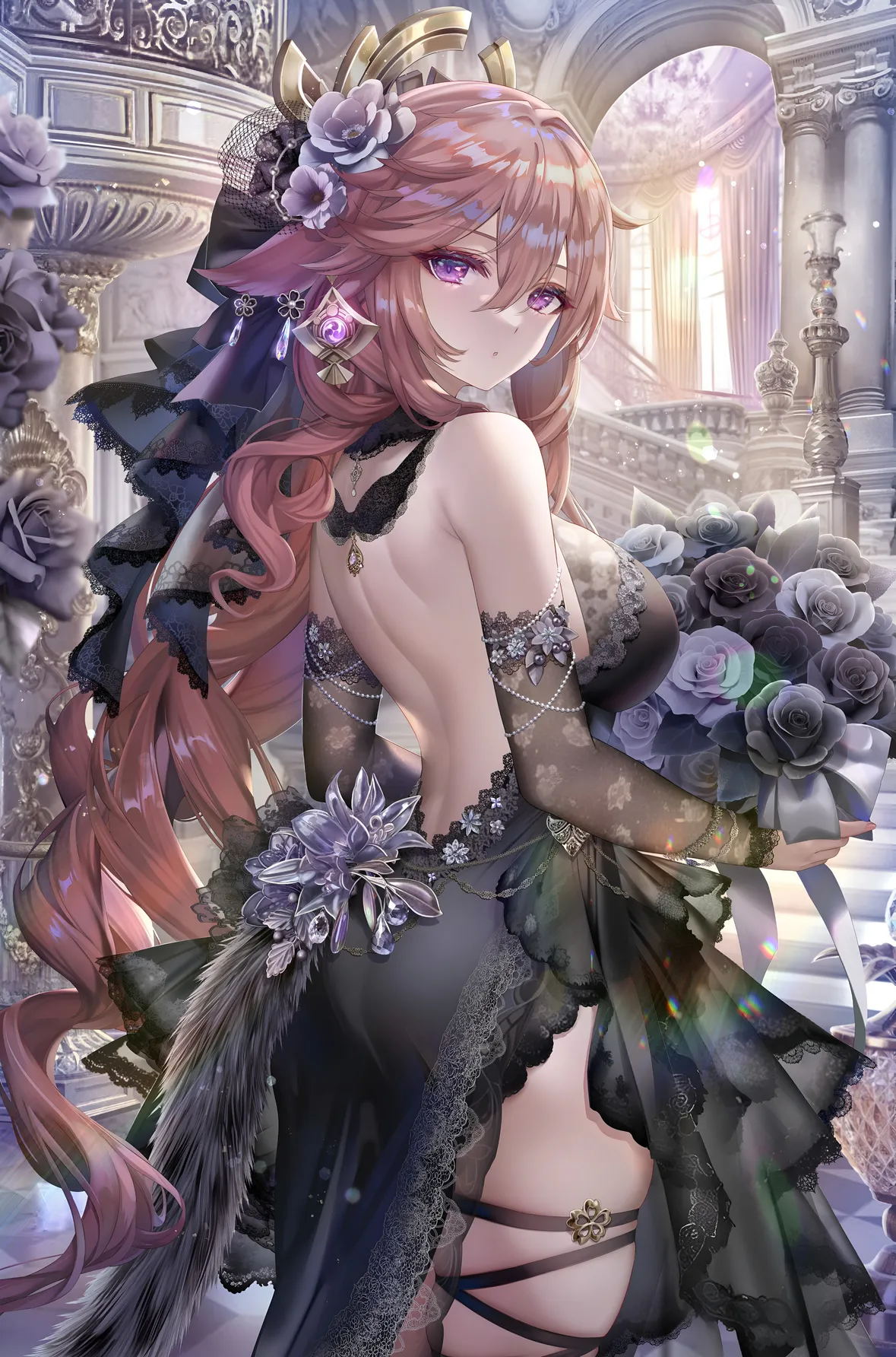 Yae Miko Black Lace Gown Wallpaper