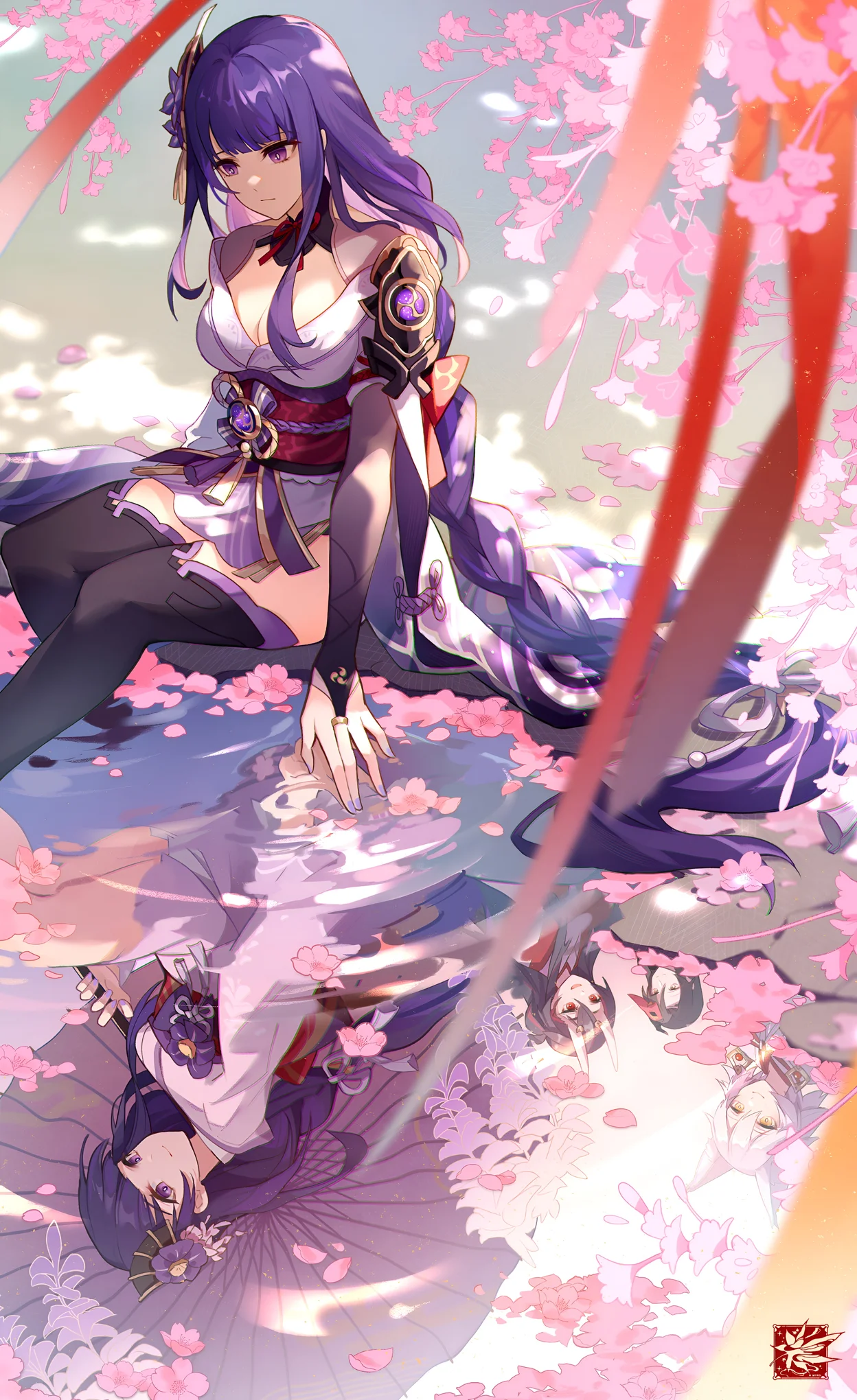 Sfondo 4K Raiden Shogun con Fiori di Ciliegio