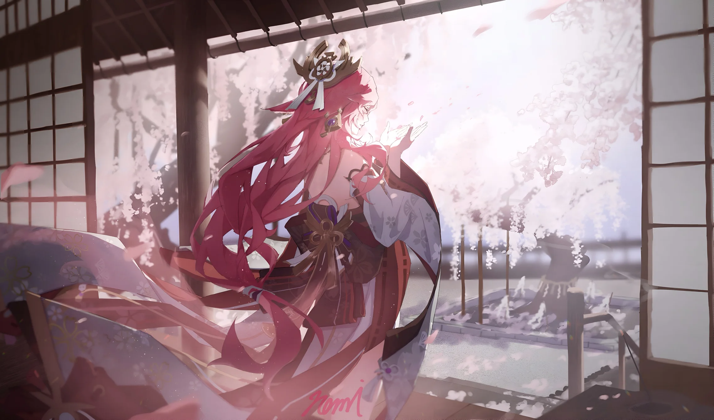 Yae Miko Cherry Blossom 4K Wallpaper