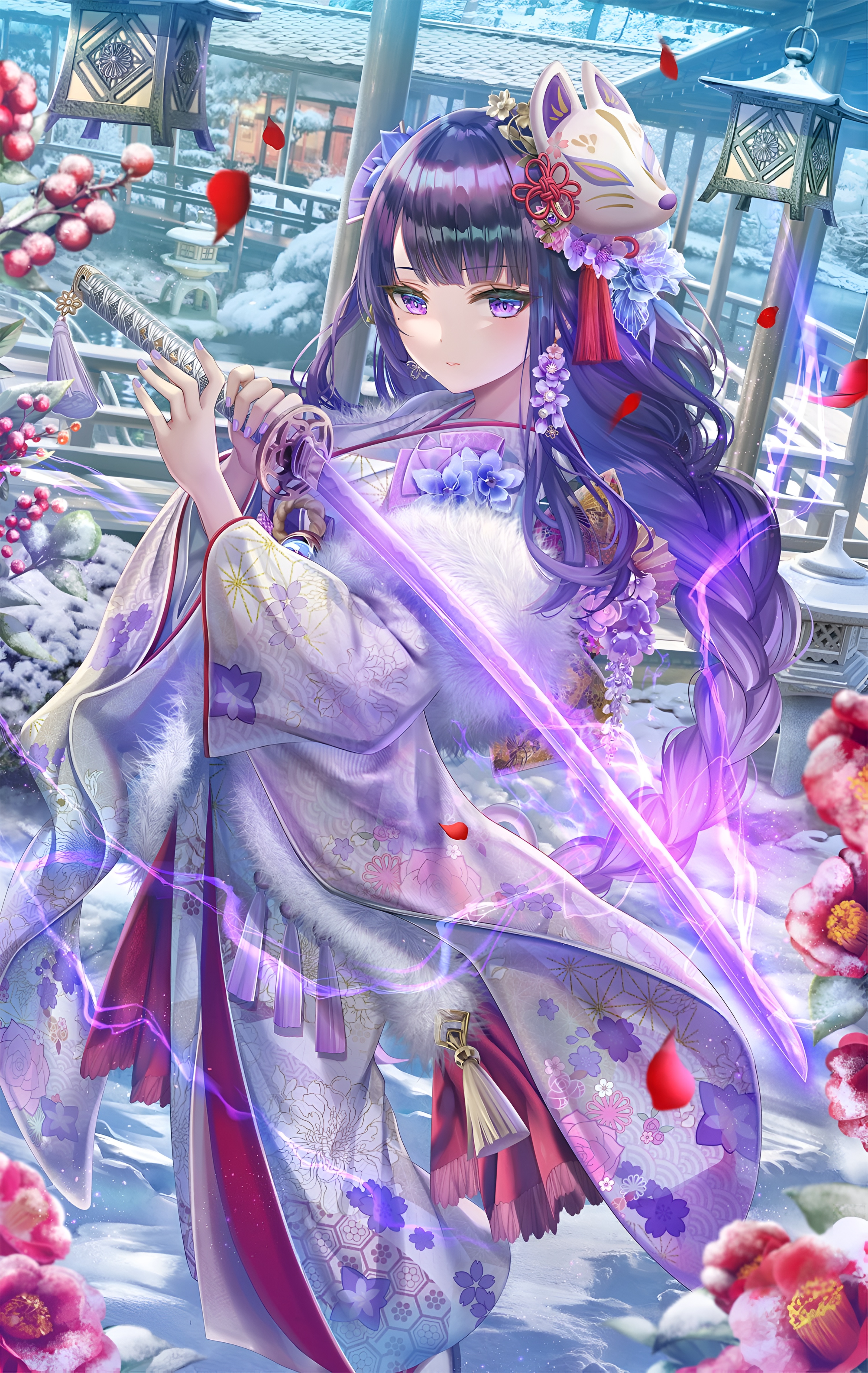 Raiden Shogun Winter Kimono 4K Wallpaper