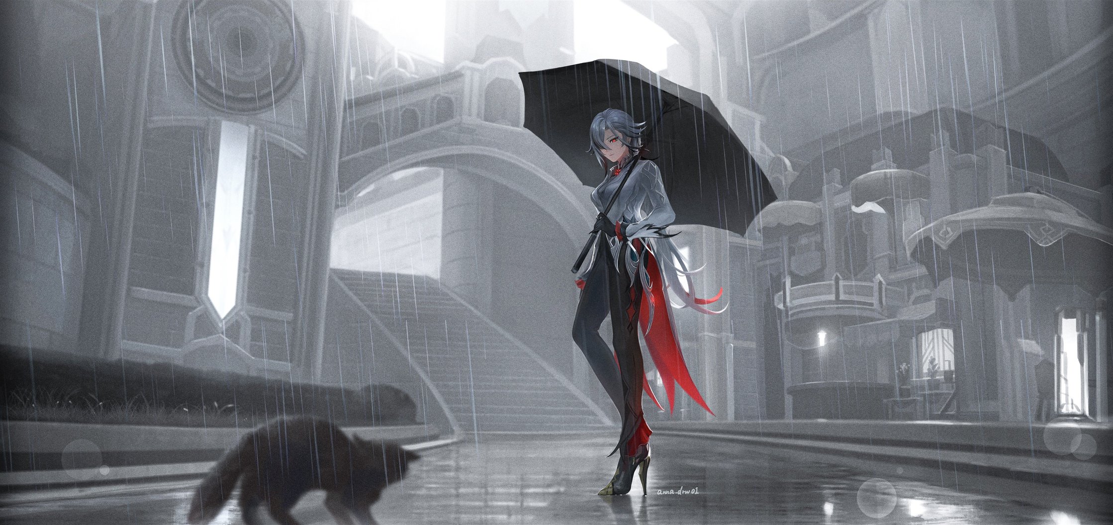 Arlecchino in the Rain – Genshin Impact Wallpaper