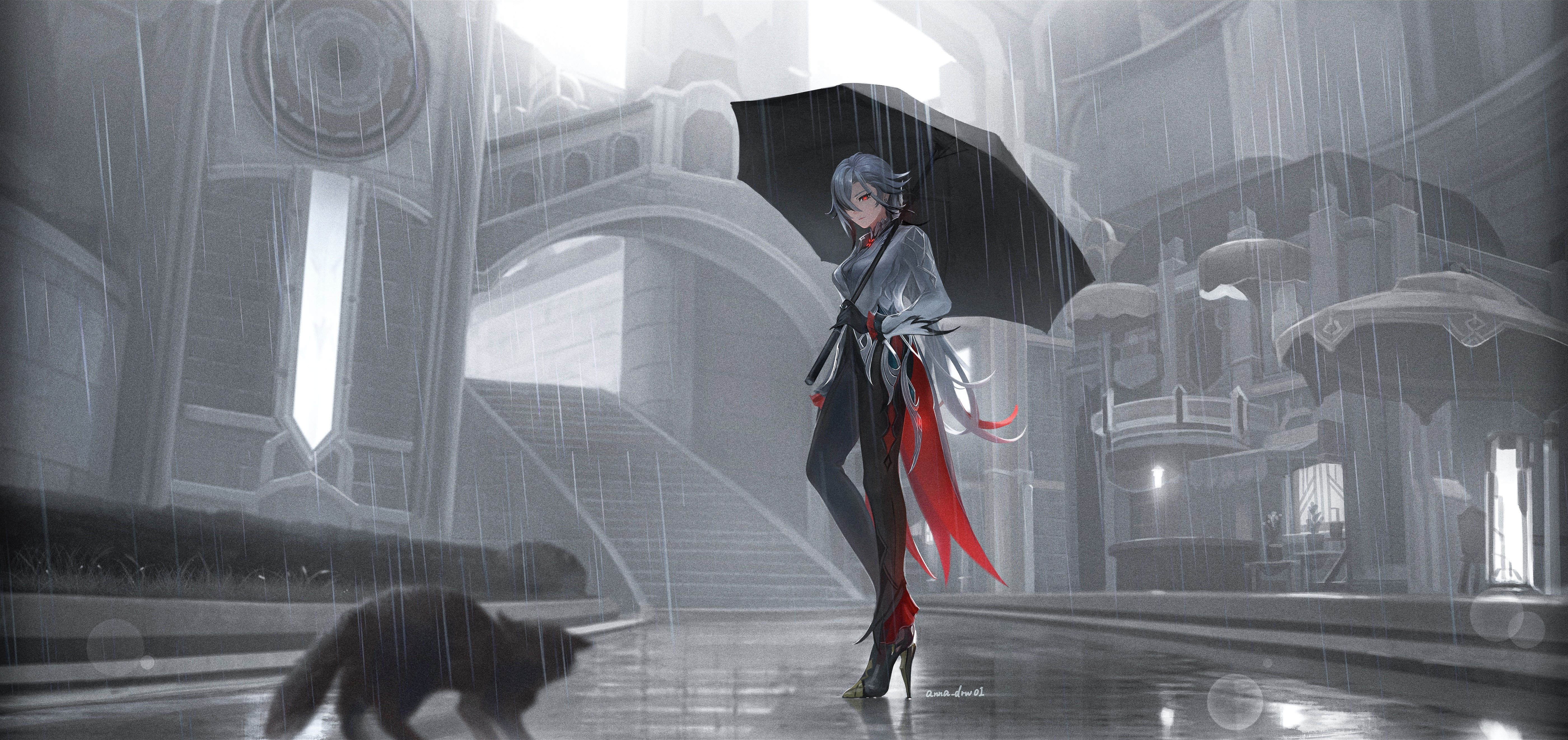 Arlecchino in the Rain – Genshin Impact Wallpaper