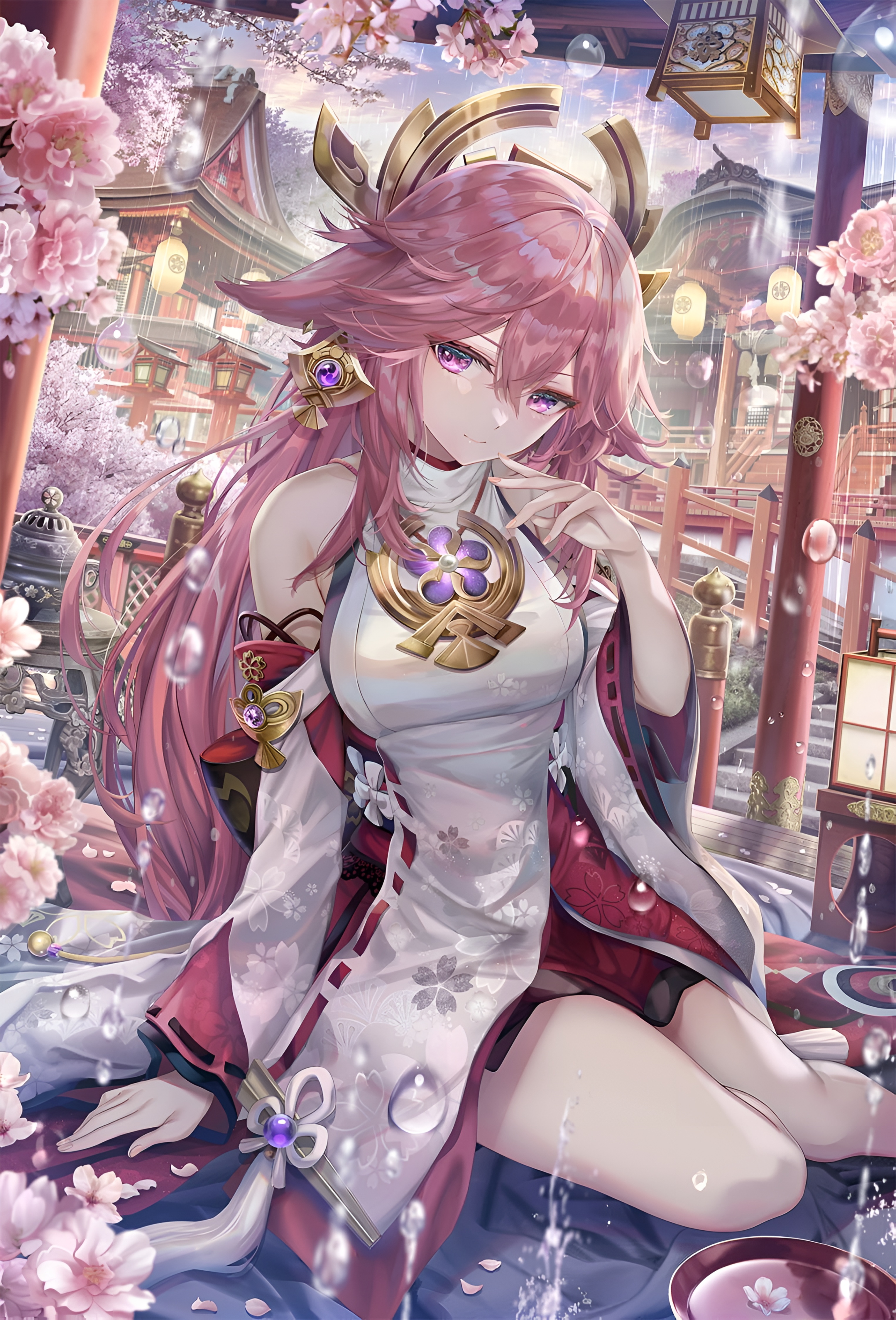 Yae Miko Sakura Rain 4K Wallpaper