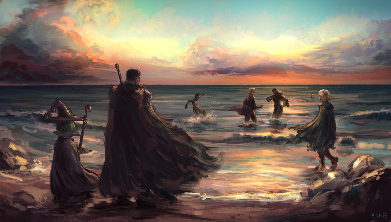 Sfondo 4K Guerrieri di Berserk al Tramonto sulla Spiaggia