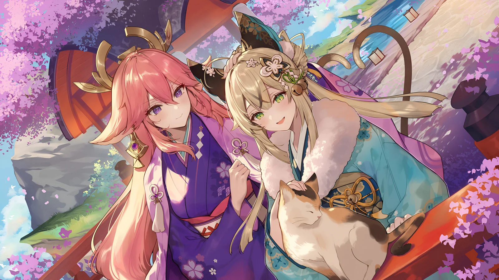 Yae Miko i Kirara Genshin Impact 4K Позадина
