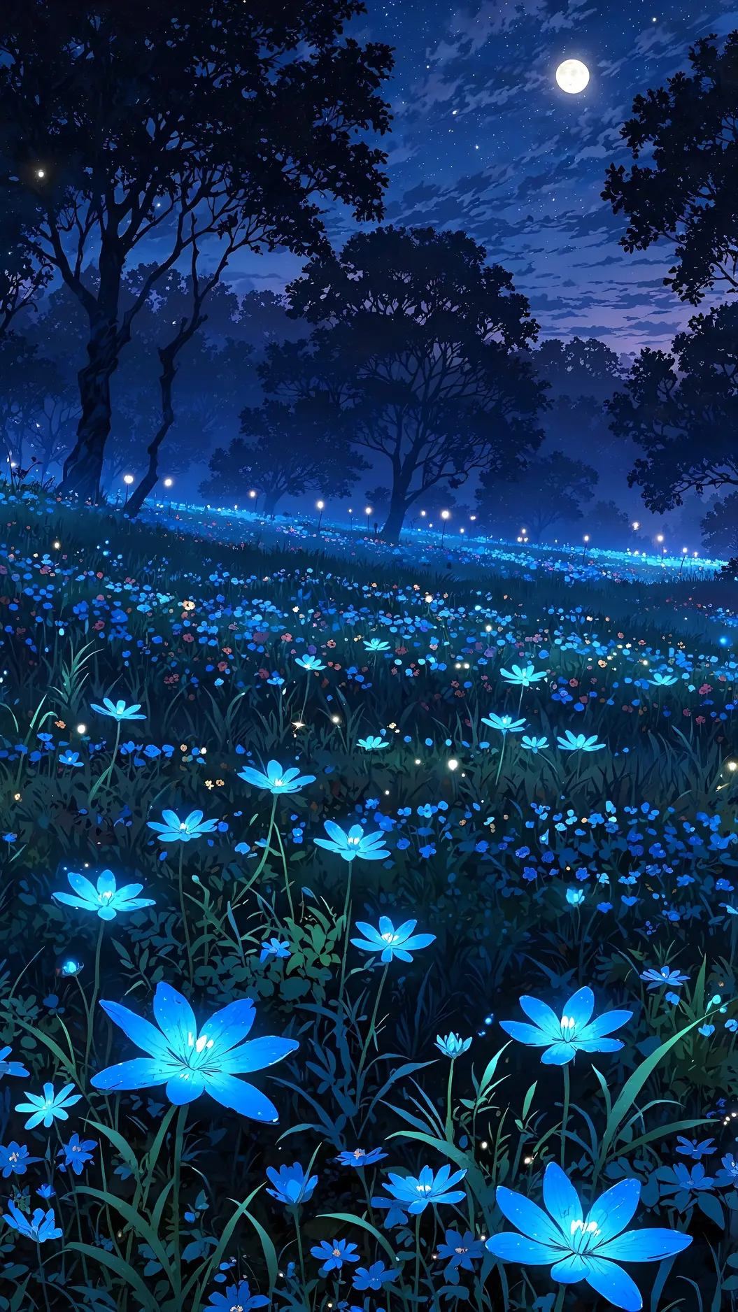 Sfondo di foresta notturna anime luminosa