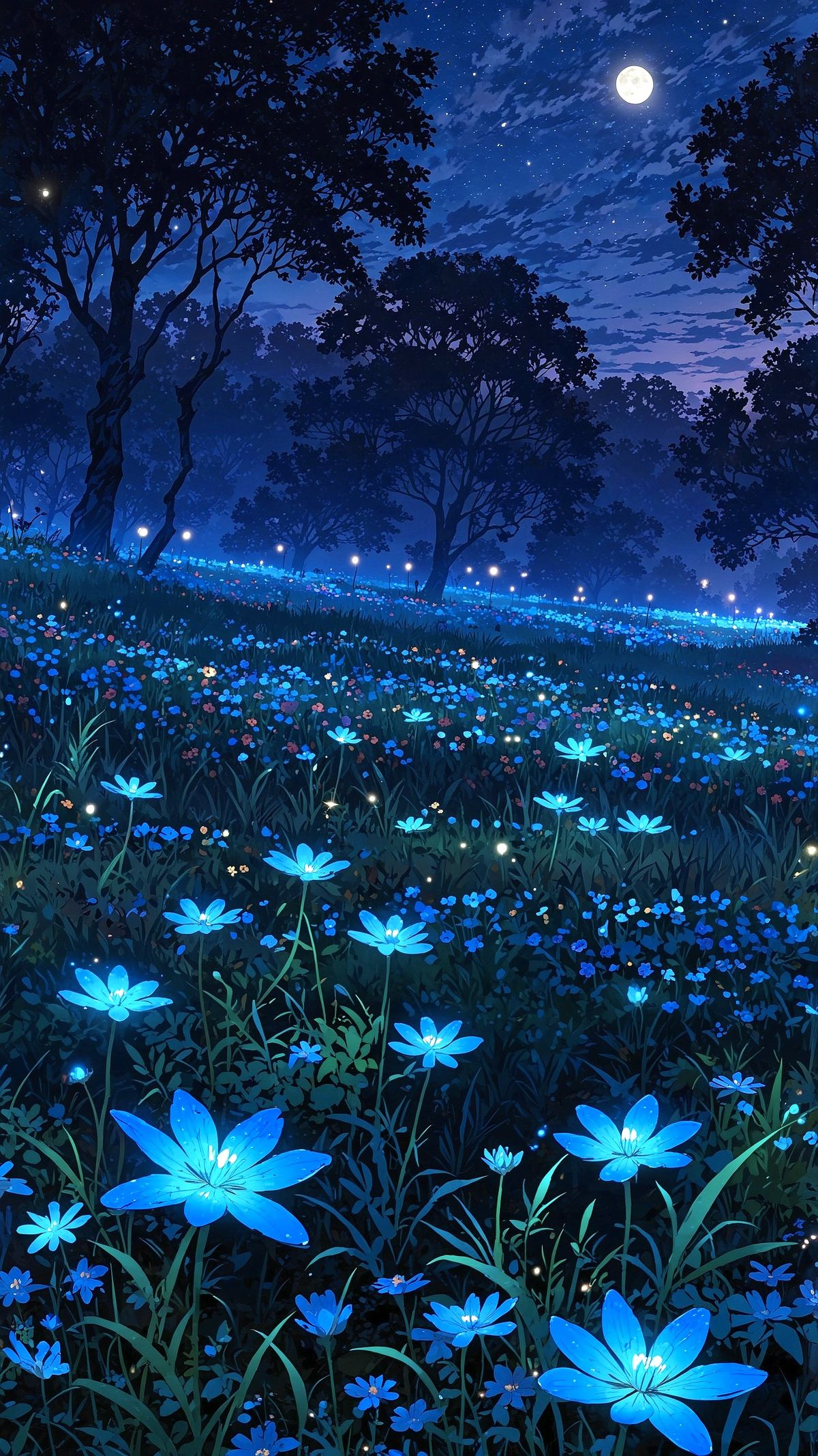 Tapet Anime cu Pădure Noaptea Strălucitoare