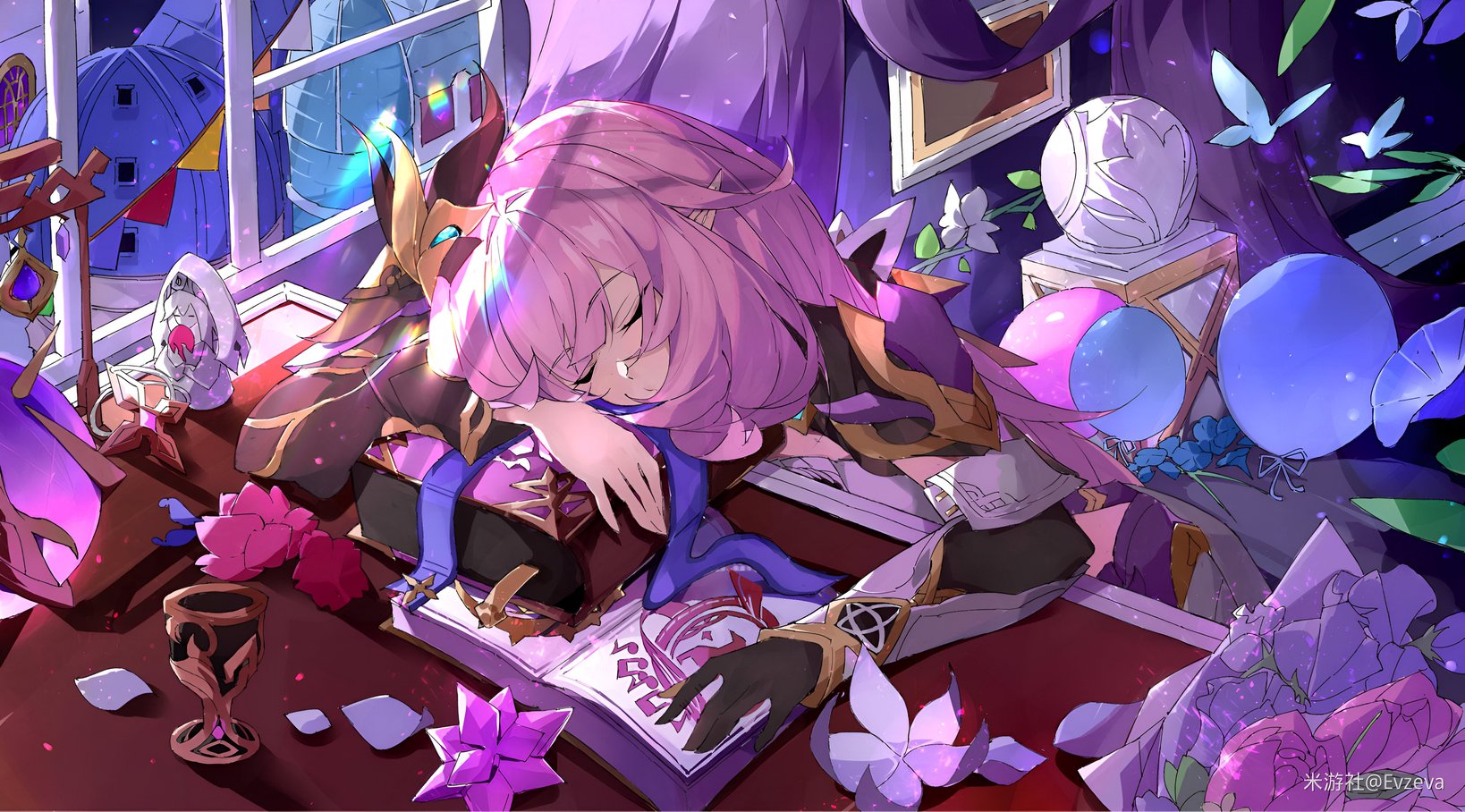 Elysia Che Dorme sul Libro Sfondo – Honkai Impact 3rd